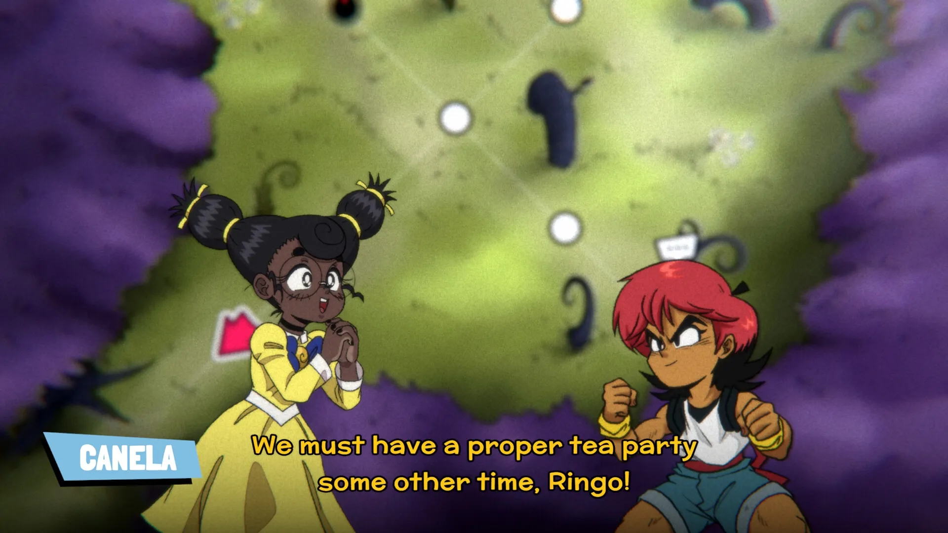 Wander Stars: Canela and Ringo in animated conversation amidst a vibrant, colorful environment.