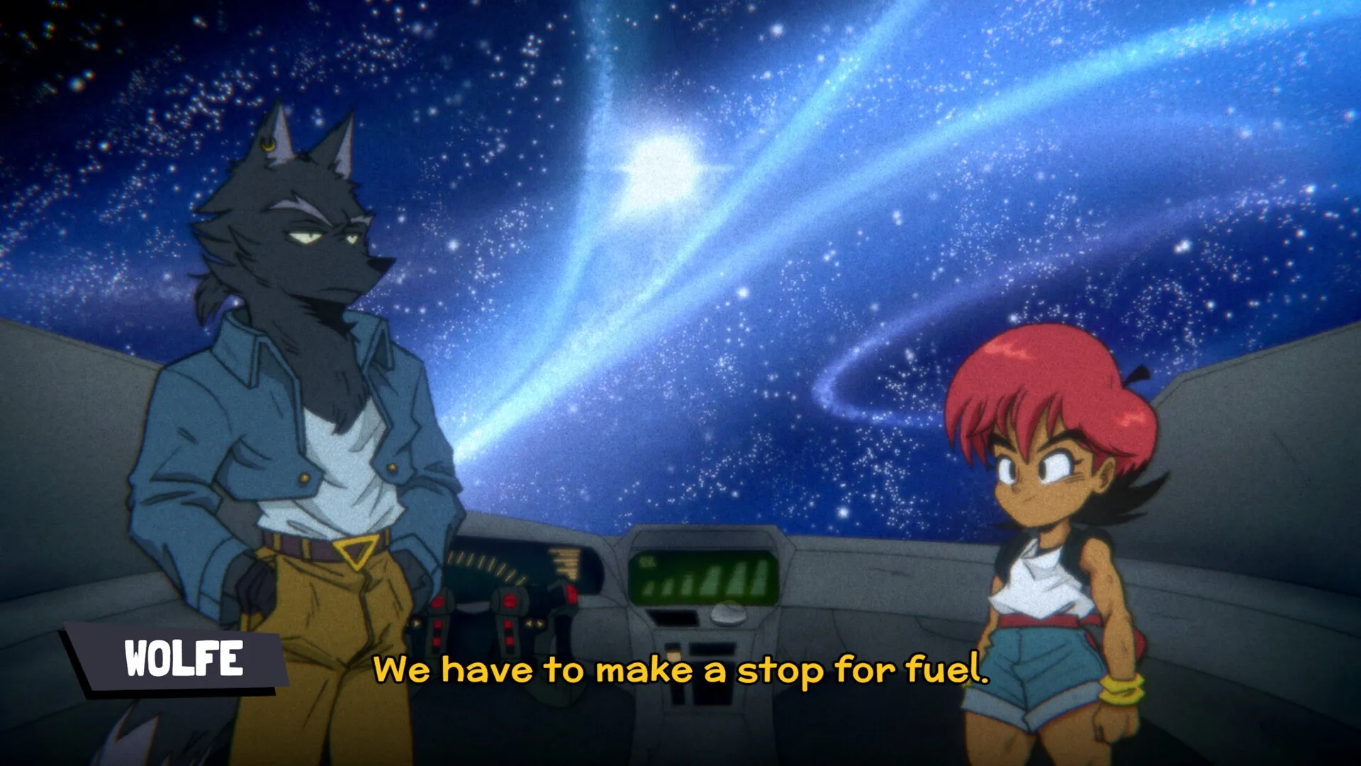 Wander Stars: Wolfe and companion in spaceship cockpit with starry galaxy view through windshield