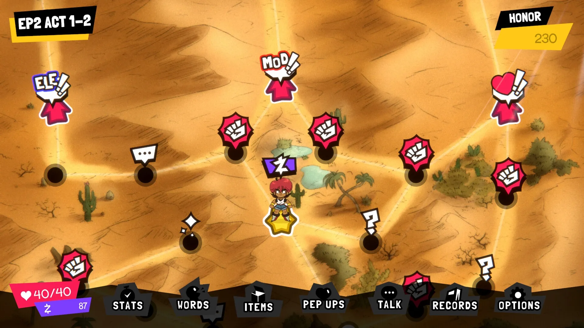 Wander Stars: Character on desert map with various icons and navigation options at the bottom.