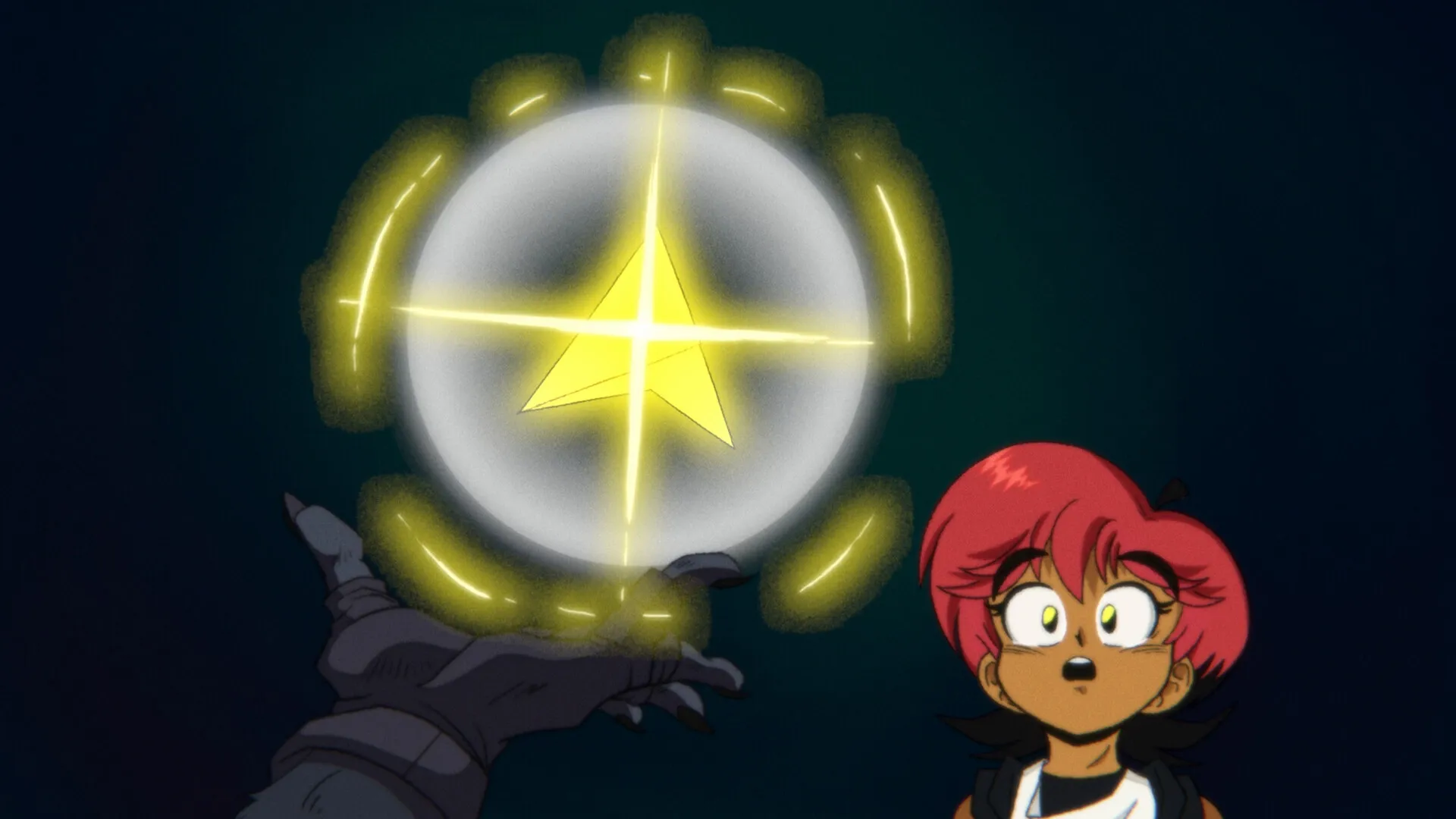 Wander Stars: Character amazed by glowing yellow star orb in a dark, mysterious setting
