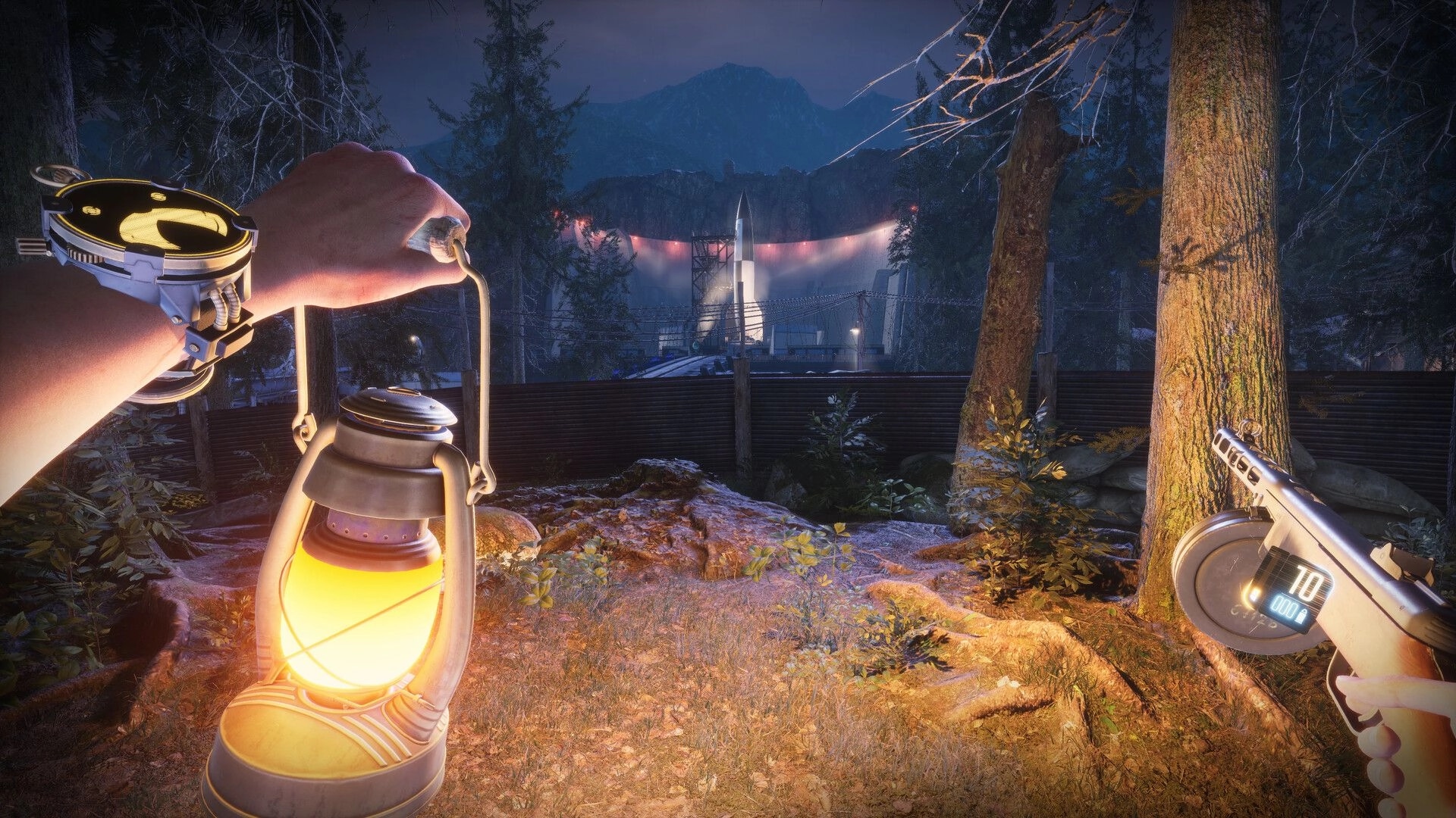 Wanderer: Player holds lantern and gun in forest, approaching illuminated rocket launch facility.