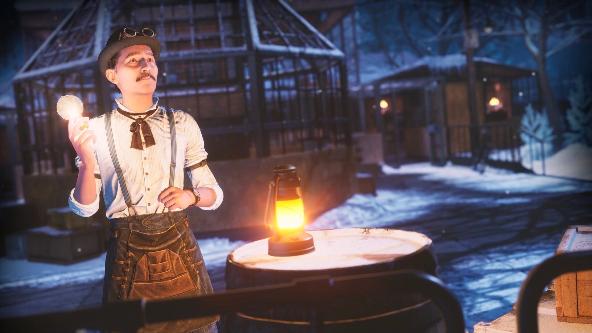 Wanderer: Character holding glowing artifact beside lantern in snowy, nighttime village setting.