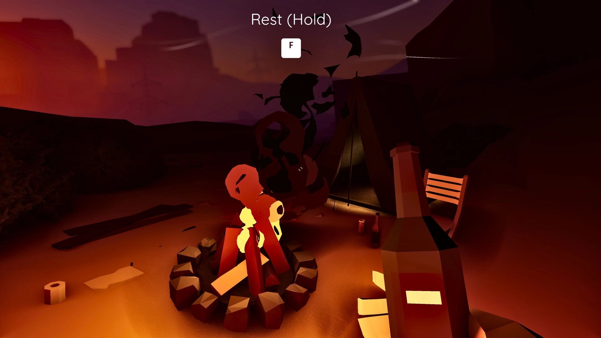 Wanderer Wheels: Rest (Hold) prompt over campfire by tent and chair in a dusky desert canyon camp.