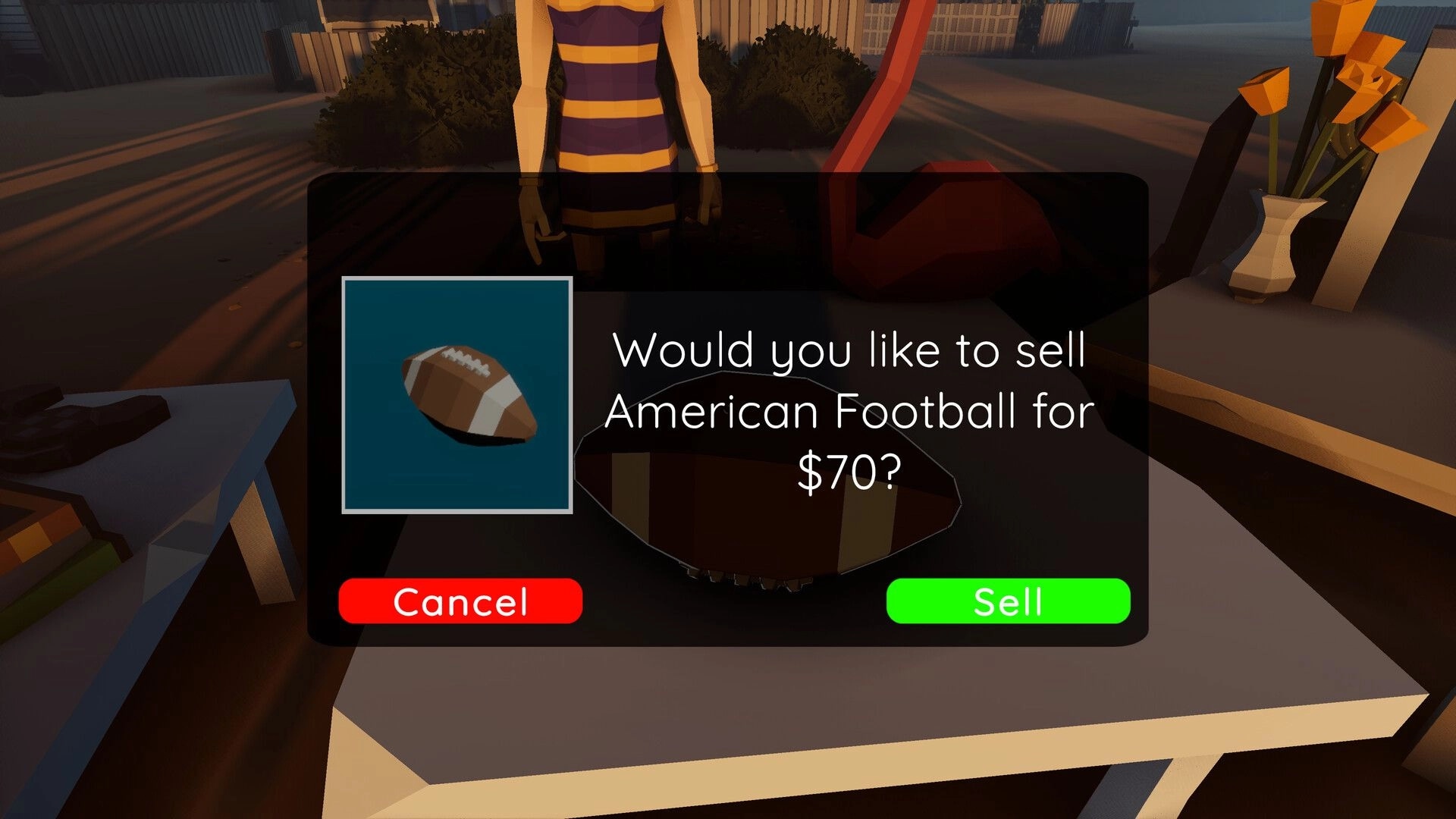 Wanderer Wheels: Sell prompt for American football at $70 with Cancel/Sell buttons at market stall.