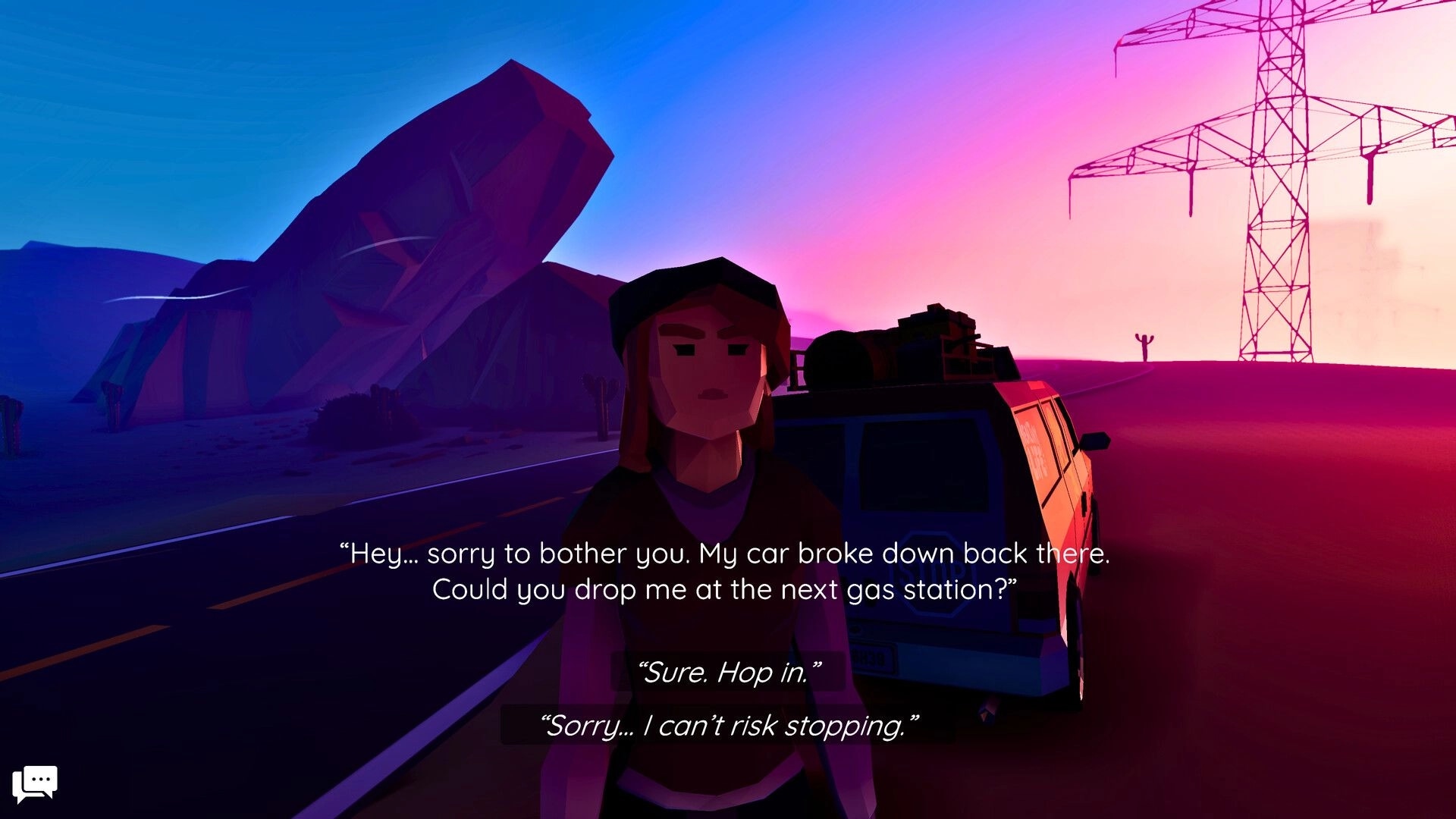 Wanderer Wheels: Dialogue choice with stranded driver beside van on desert highway at sunset near power lines.