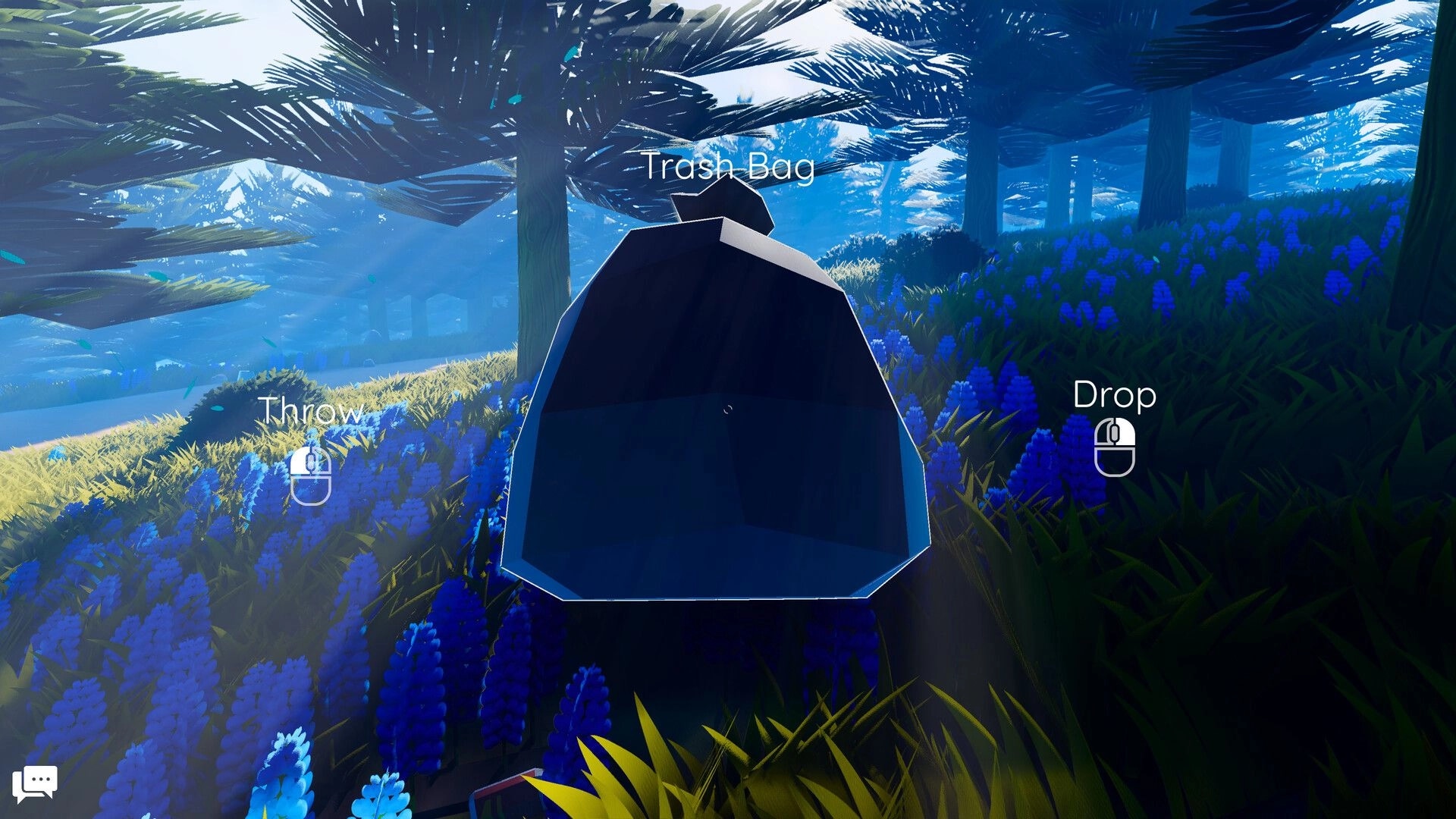 Wanderer Wheels: Holding a trash bag with Throw and Drop prompts in a blue wildflower forest grove.
