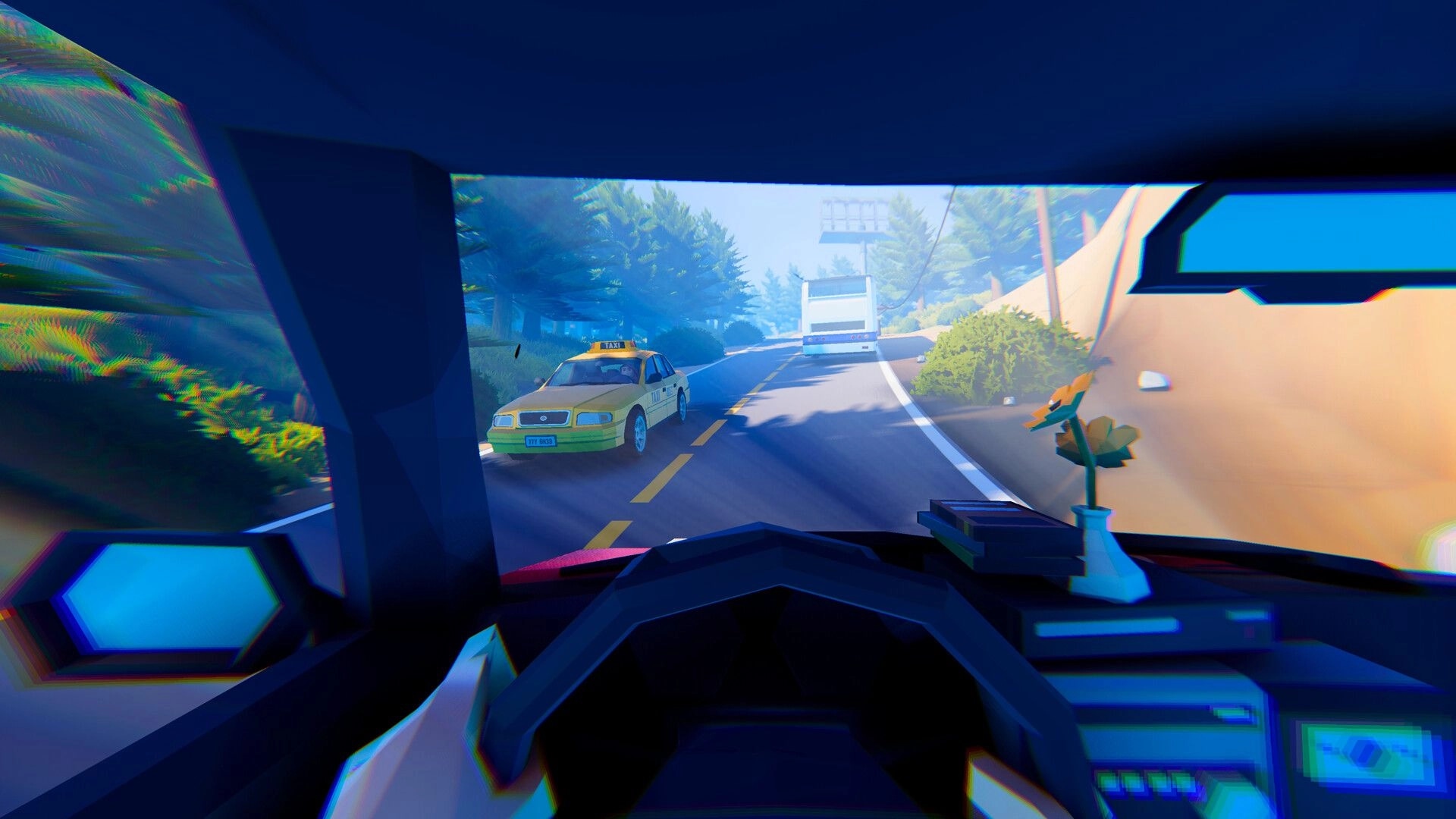 Wanderer Wheels: First-person van driving past a taxi and bus on a forest highway, dashboard view.