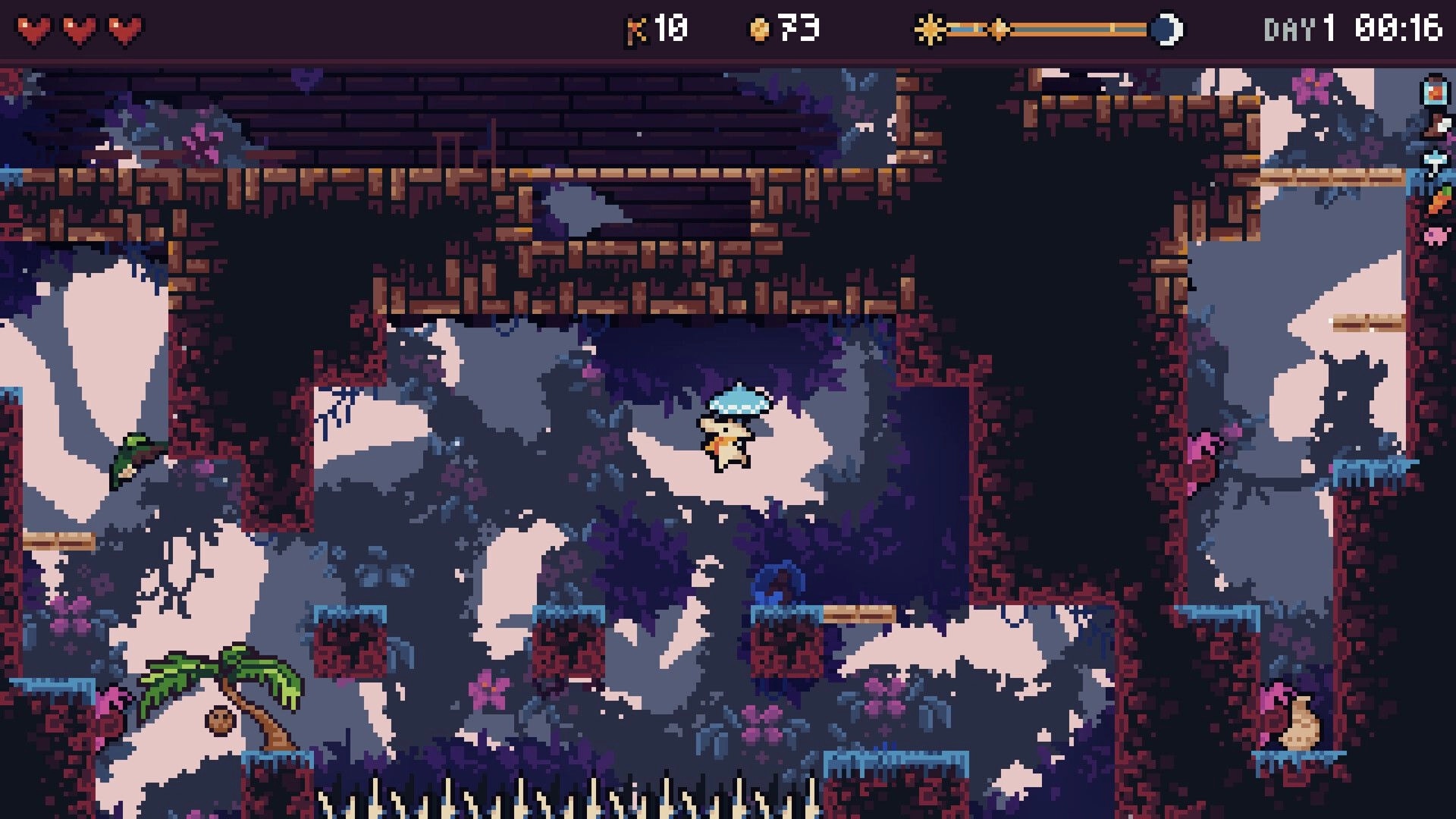 Wanderling: Character jumps over spikes in dungeon, with hearts and timer in UI at the top