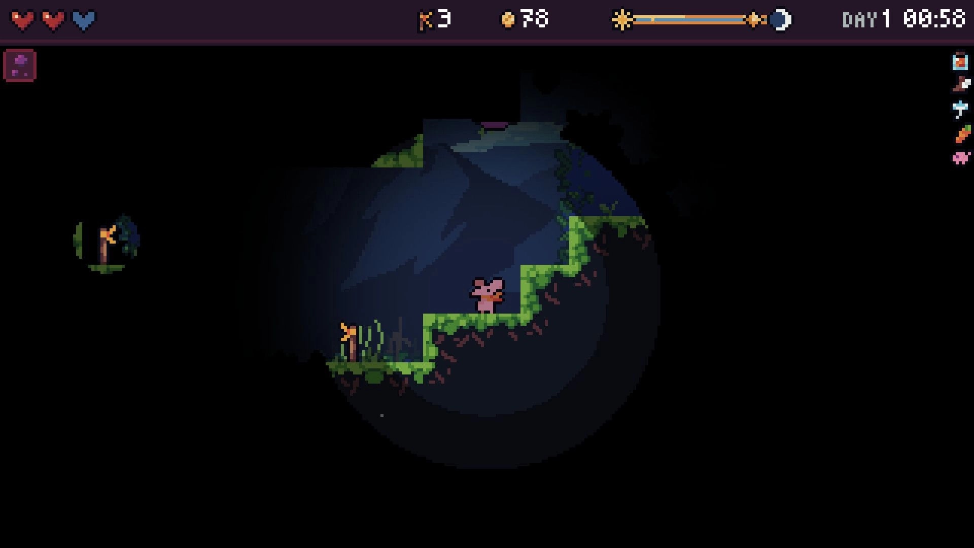 Wanderling: Character exploring dark dungeon with hearts, coins, and time in UI at the top