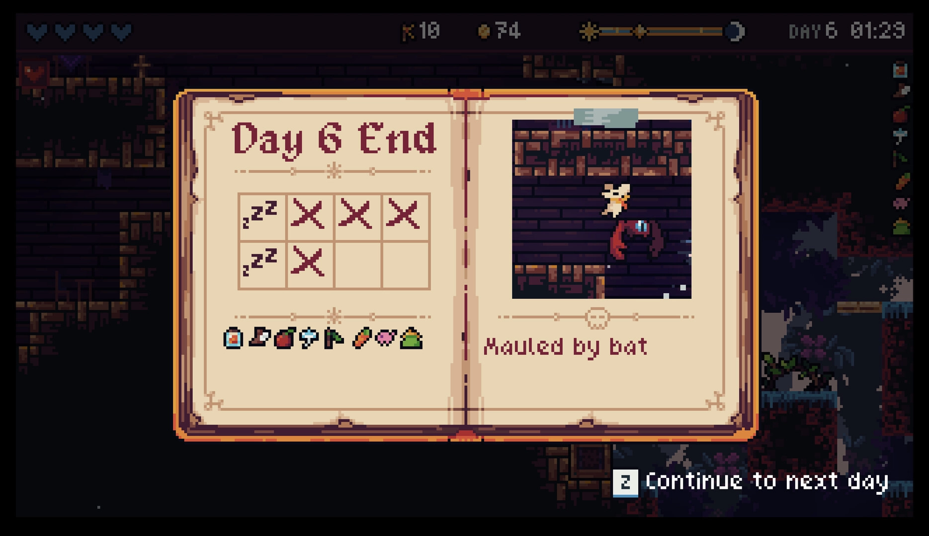 Wanderling: Day 6 end screen showing lives lost and items collected in dungeon exploration