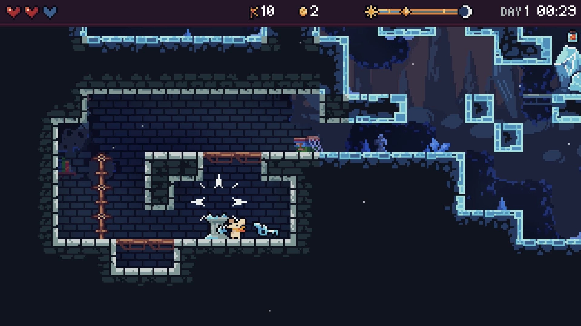 Wanderling: Player character near fountain with arrows in a dark dungeon maze, UI shows health and timer