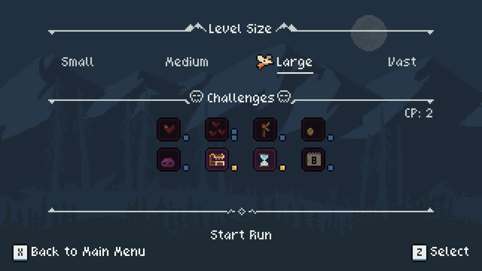 Wanderling: Level size selection with challenges menu, options for large level and various challenges.