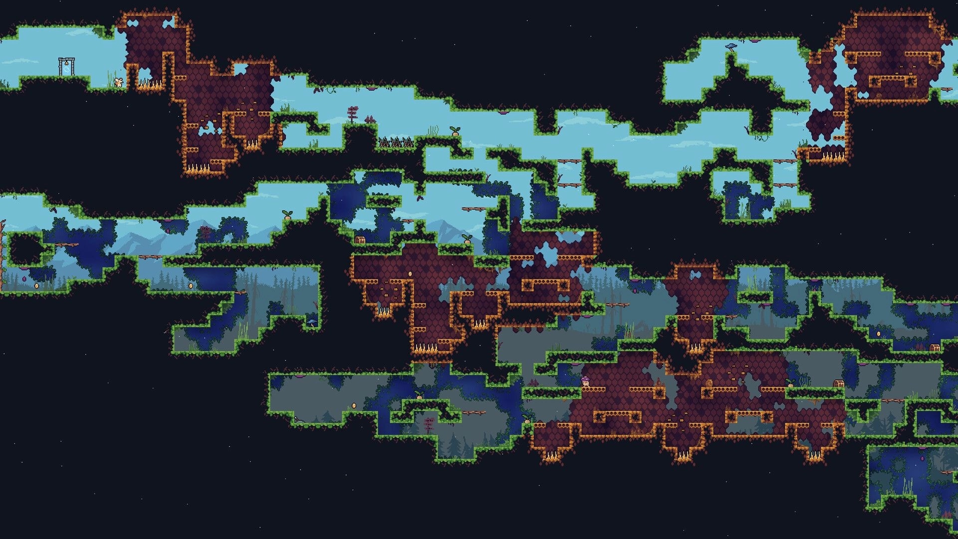 Wanderling: Character navigates maze-like dungeon with traps, platforms, and lush green surroundings.