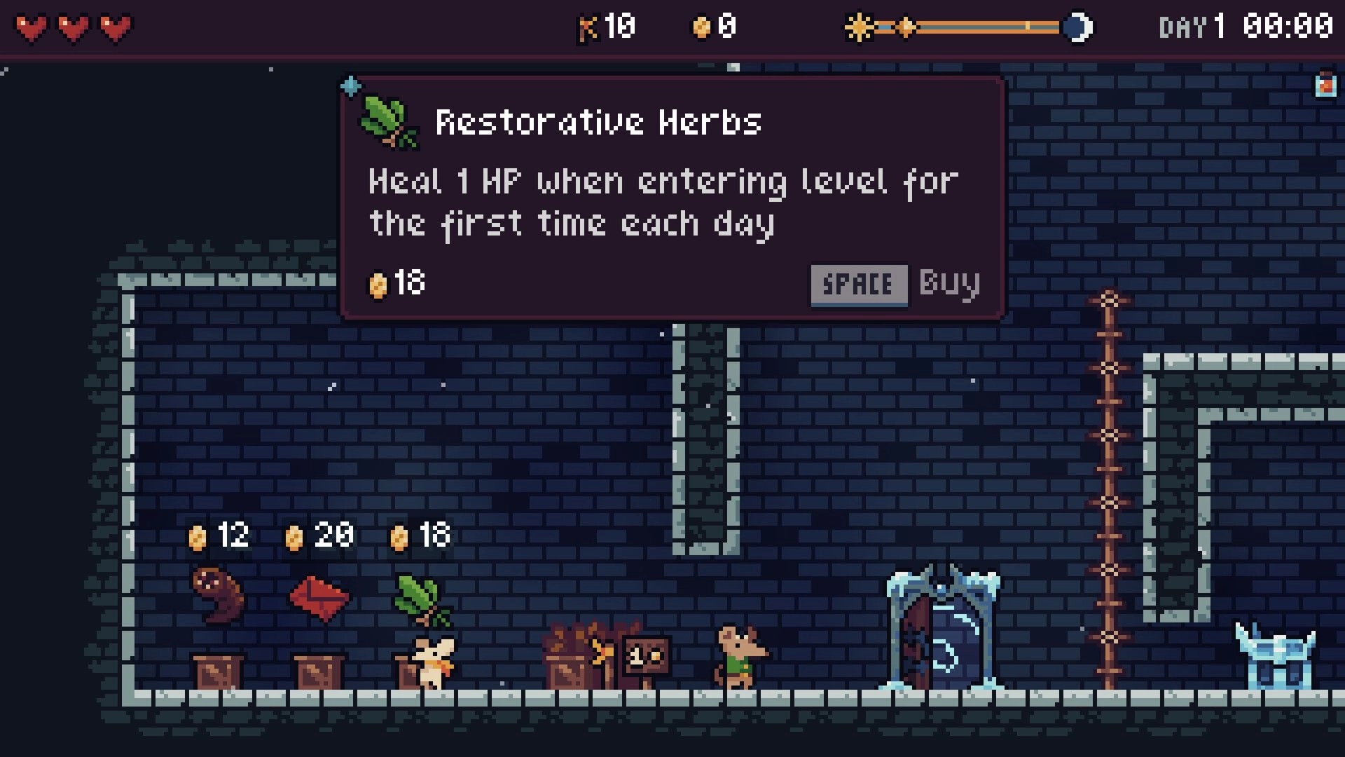 Wanderling: Shop interface with items like Restorative Herbs and currency displayed in dungeon setting