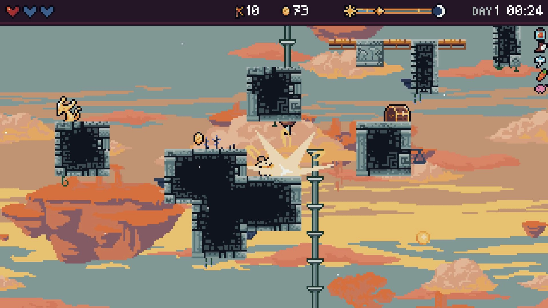 Wanderling: Character jumps between platforms with coins and a chest in a sunset sky environment