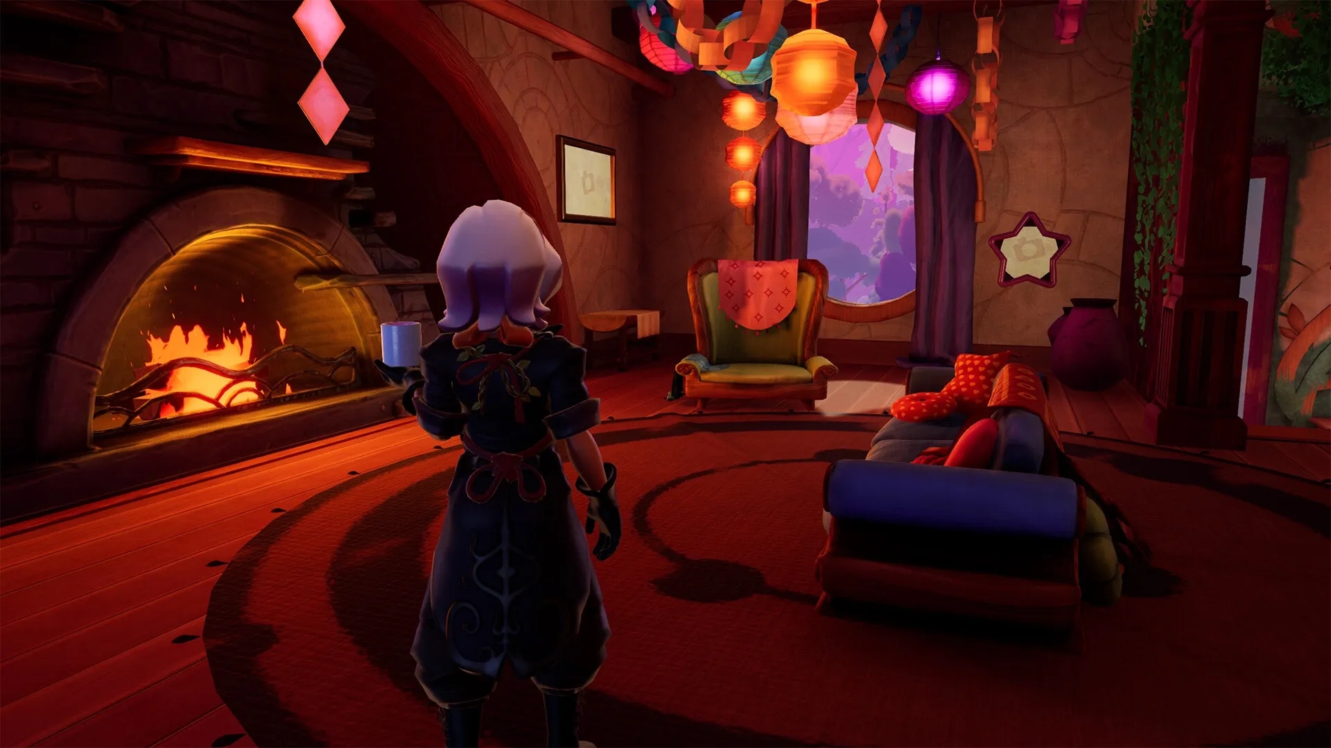 Wanderstop: Character holding a mug in cozy living room with fireplace and colorful hanging lights