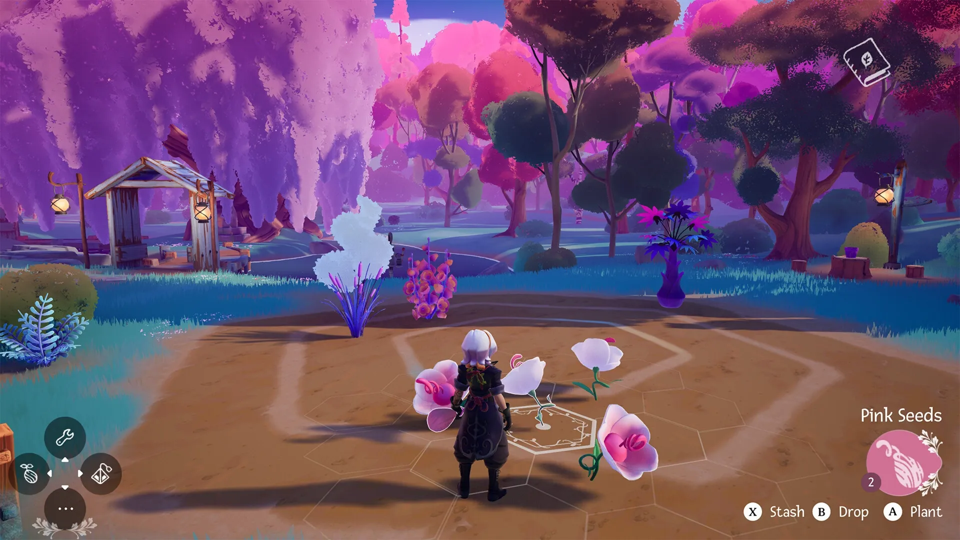 Wanderstop: Character planting flowers in a vibrant forest clearing with pink and purple foliage