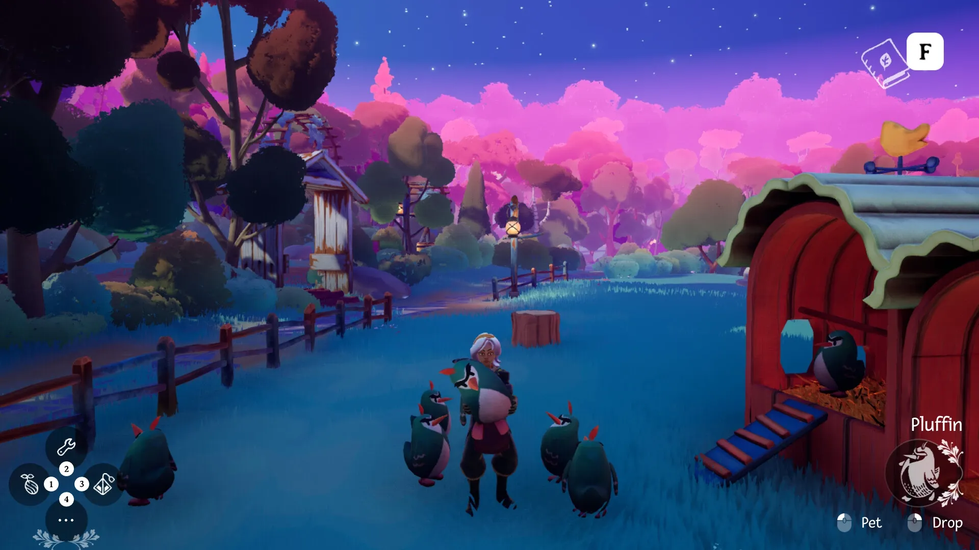 Wanderstop: Character holding Pluffin surrounded by others in a vibrant, colorful countryside setting.