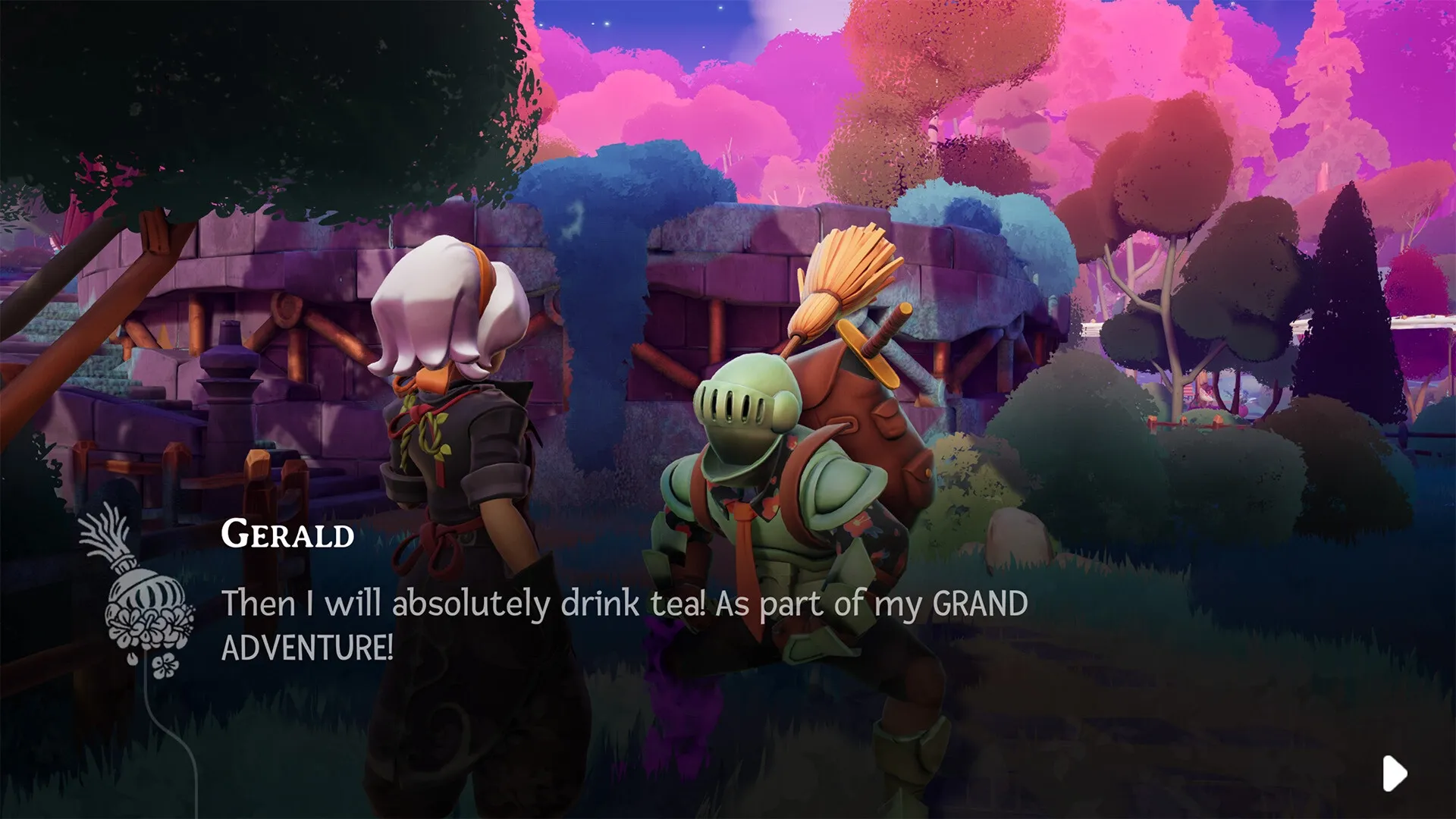 Wanderstop: Gerald and companion converse in a colorful forest with vibrant trees and stone structures.