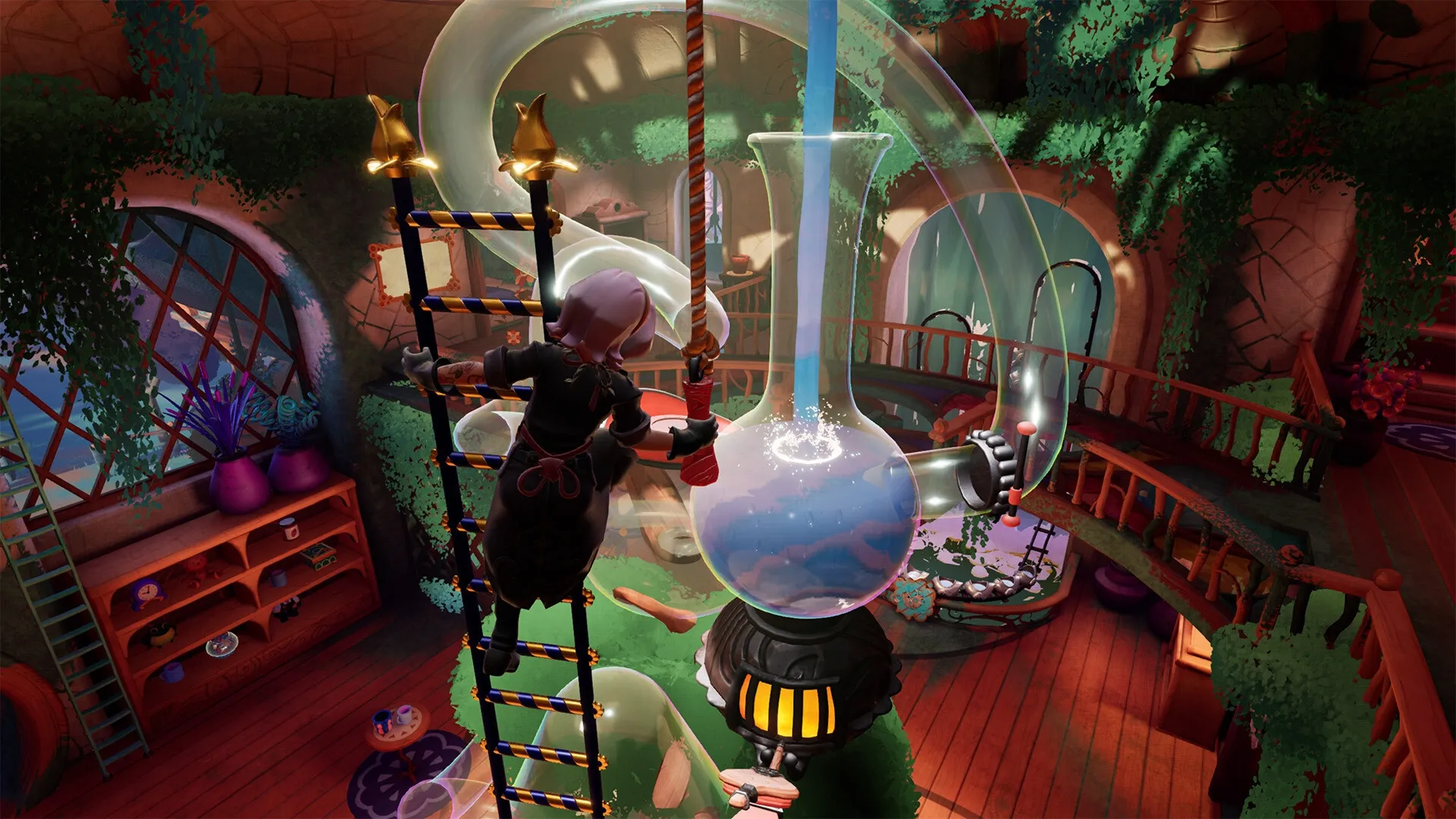 Wanderstop: Character climbs rope ladder in lush, cozy greenhouse with large glass flasks and plants