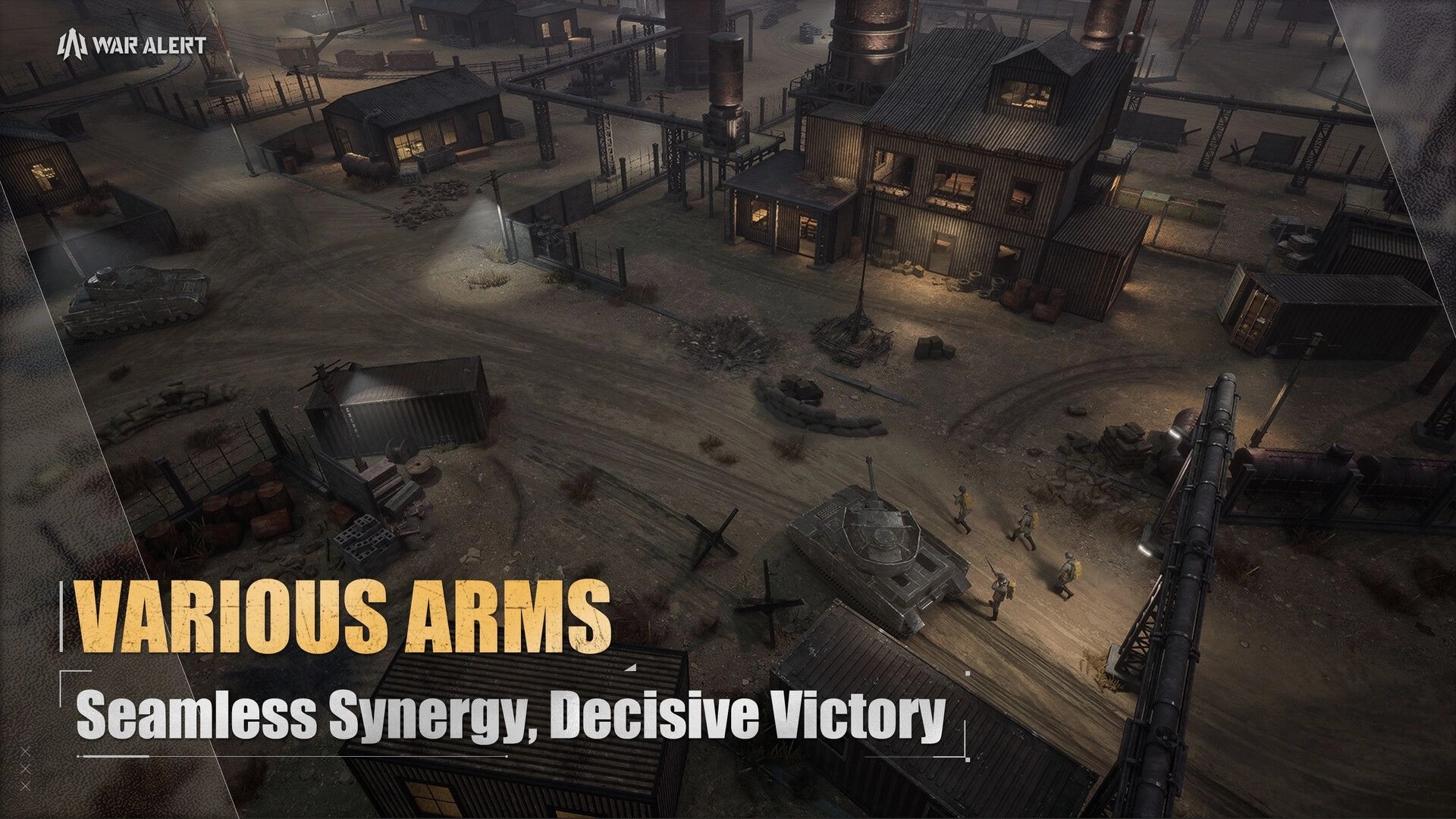 War Alert: Infantry and tanks advance through industrial ruins under nightfall's dim light