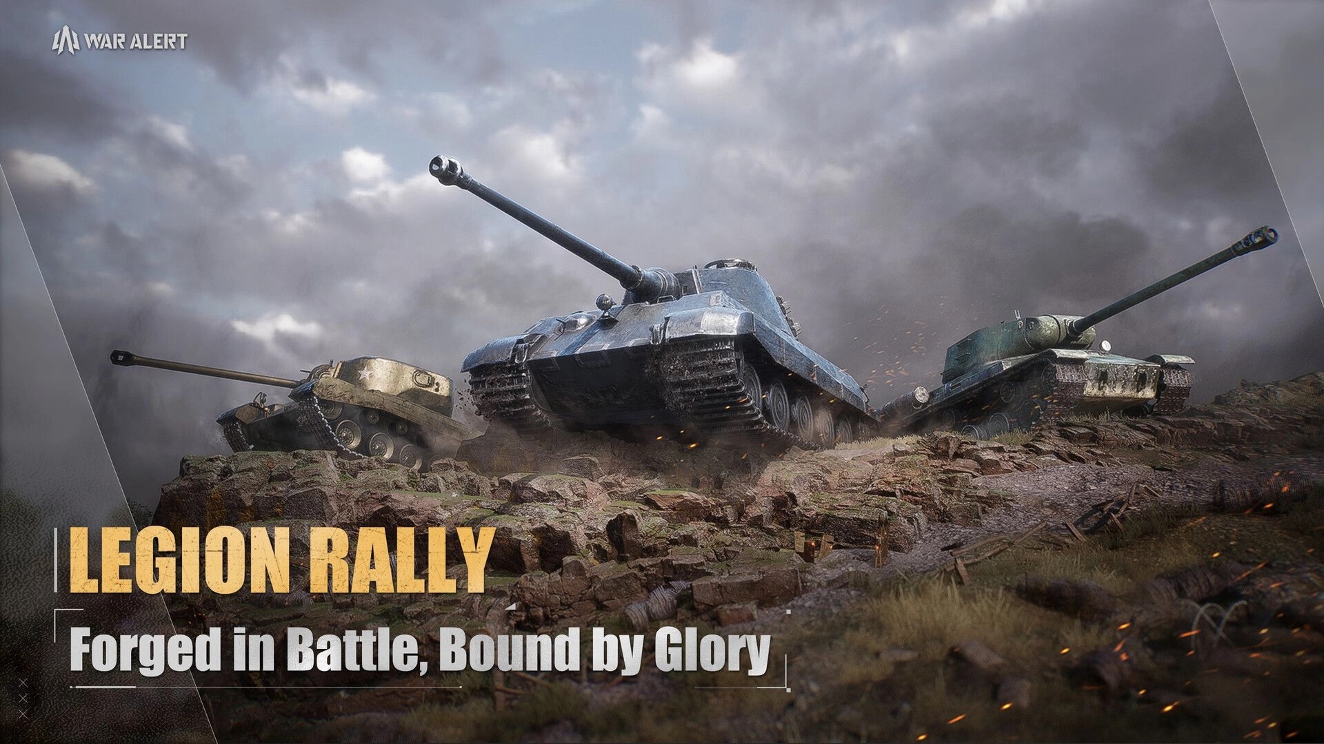 War Alert: Three tanks advance over rocky terrain under a cloudy sky, engaging in intense combat.