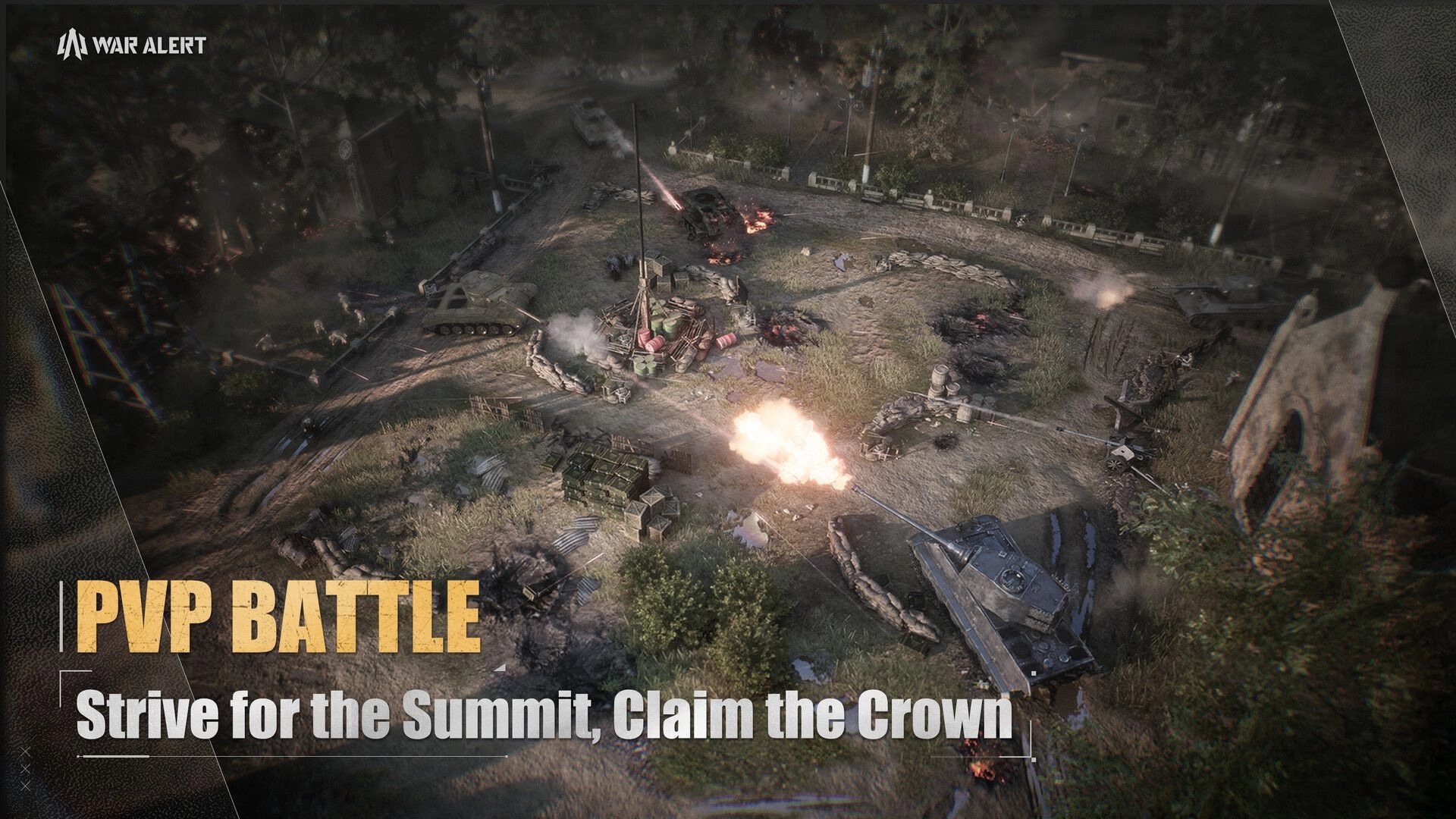 War Alert: Tanks and infantry clash amid smoke and ruins in a forested battlefield setting.