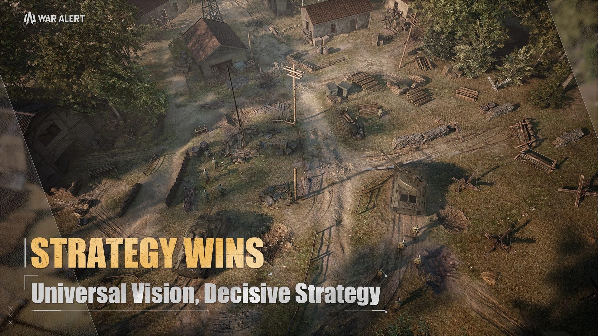 War Alert: Overhead view of village battlefield with troops, tank, and defensive structures in ruins.