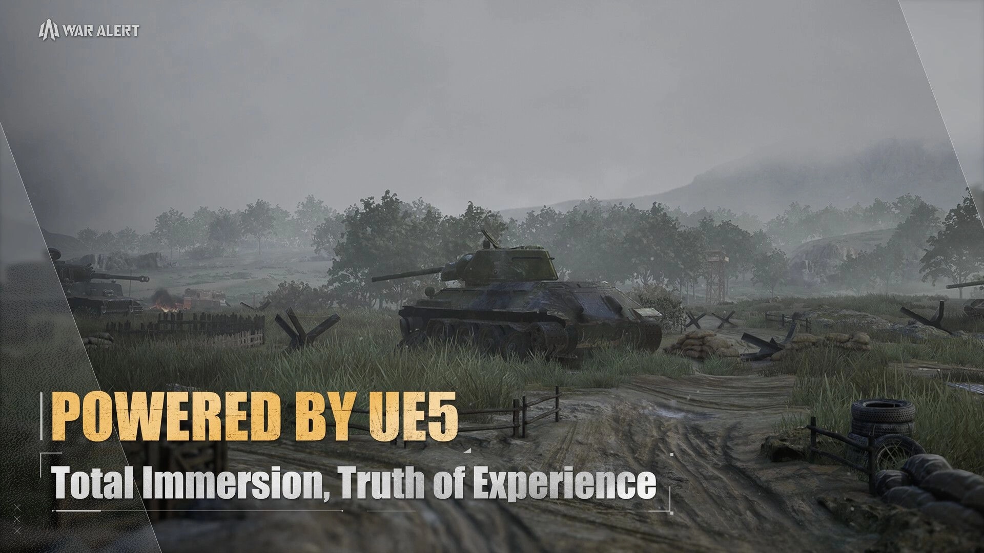 War Alert: Abandoned tank in misty battlefield with scattered sandbags and wooden barricades