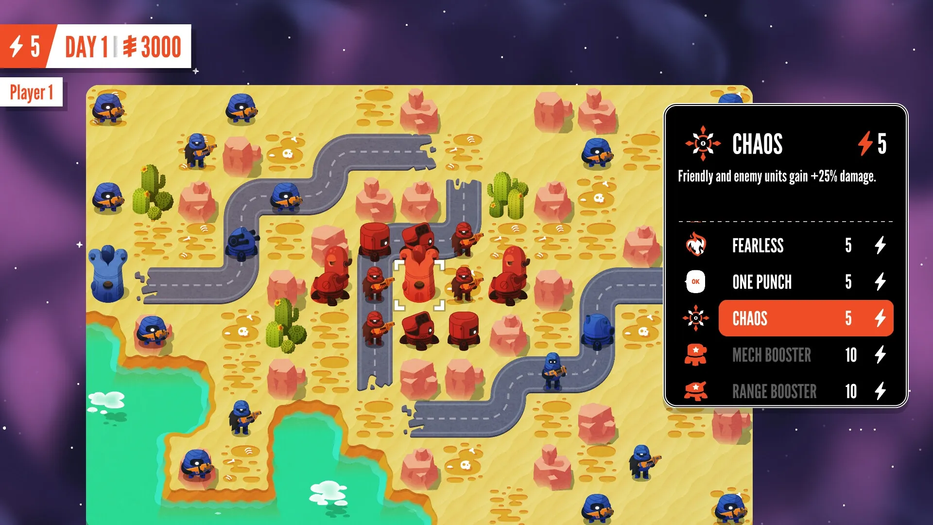 Warbits+: Red and blue units positioned on a desert map with special abilities menu displayed