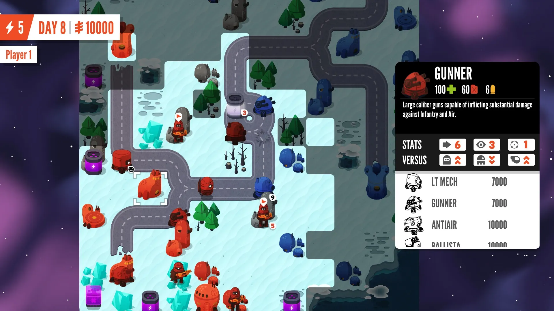 Warbits+: Tactical map with red and blue units on snowy terrain, player HUD and unit stats displayed.