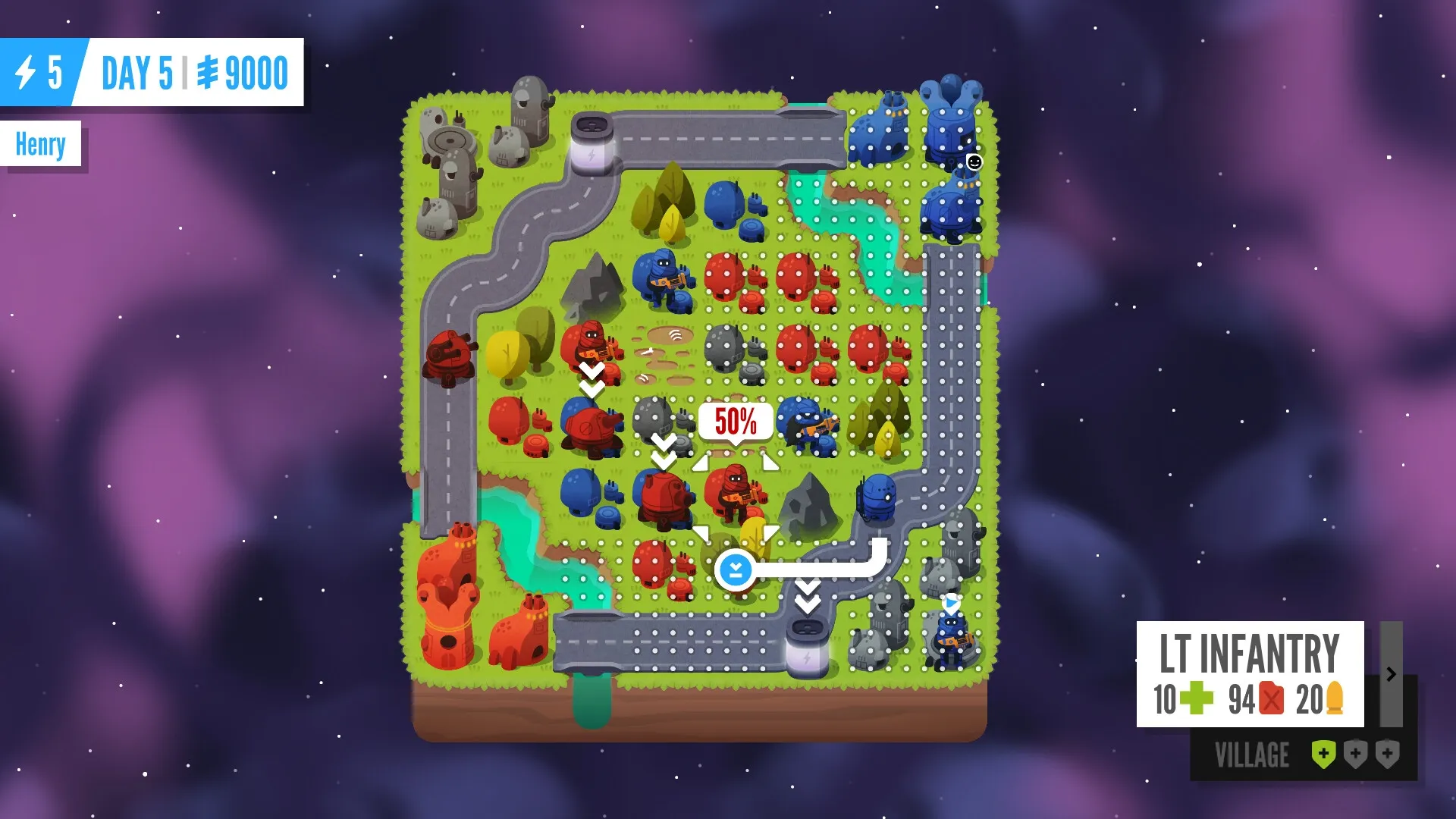 Warbits+: Tactical battle map with red and blue units, roads, and terrain features on day 5