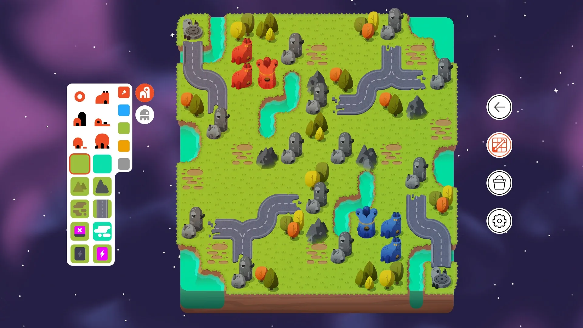Warbits+: Strategic map view with red and blue units, roads, and terrain options in a cosmic backdrop.