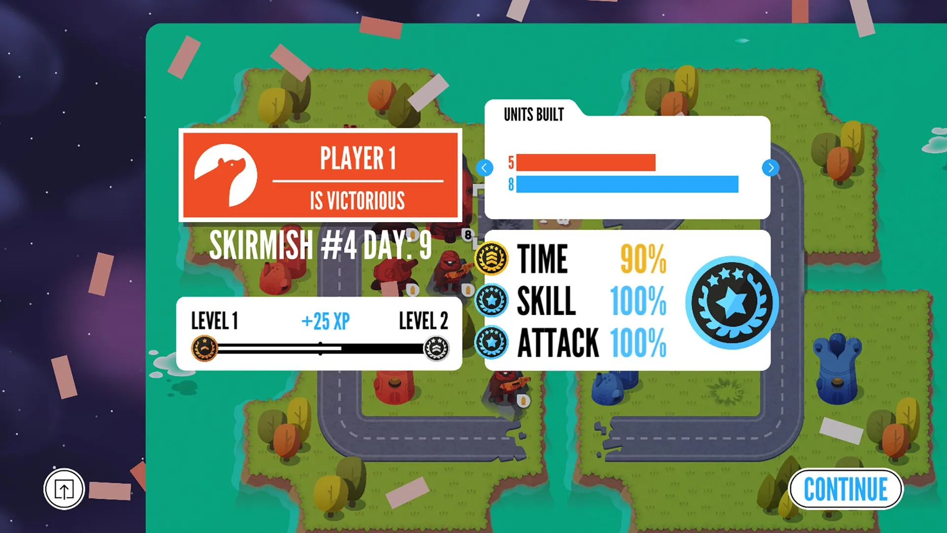 Warbits+: Player 1 victory screen with stats and level up on map with roads and trees.