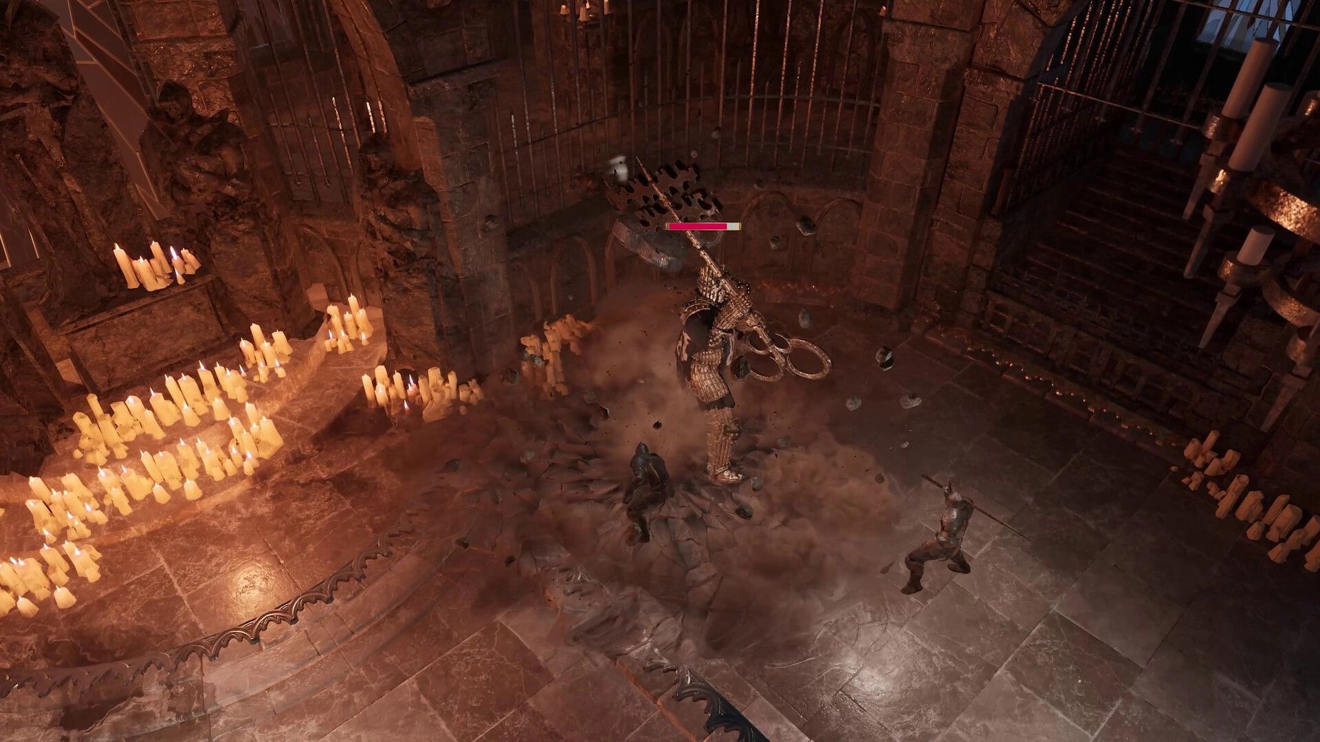 Wardens of Avalon: Two knights battle a towering armored boss in a candlelit stone chamber arena.