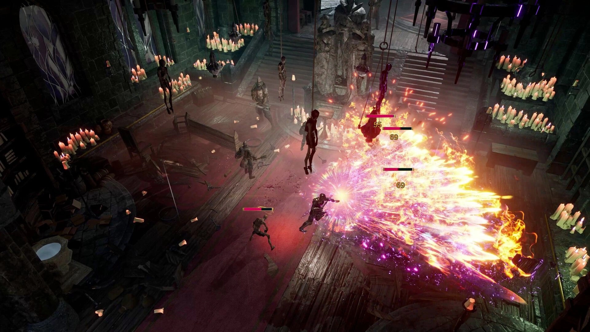 Wardens of Avalon: Party unleashes fiery spell at hanging enemies in candlelit stone hall with damage bars.