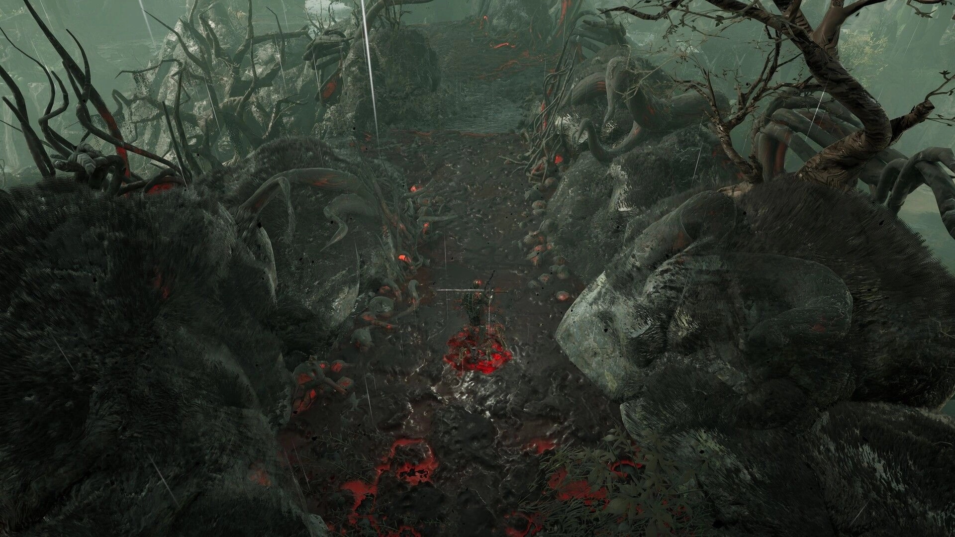 Wardens of Avalon: Player wades through murky swamp path between giant carcasses in rainy foggy mire.