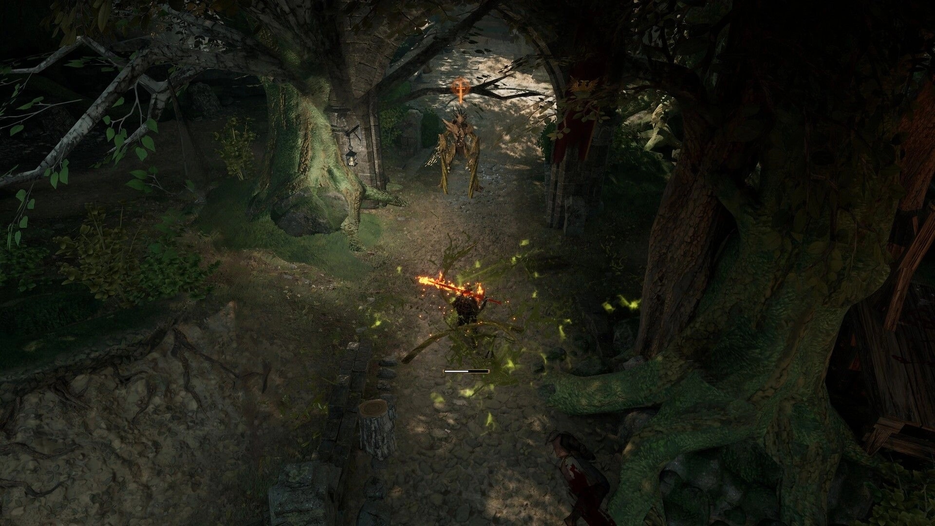 Wardens of Avalon: Player swings flaming sword at a horned foe in a ruined forest stone archway.