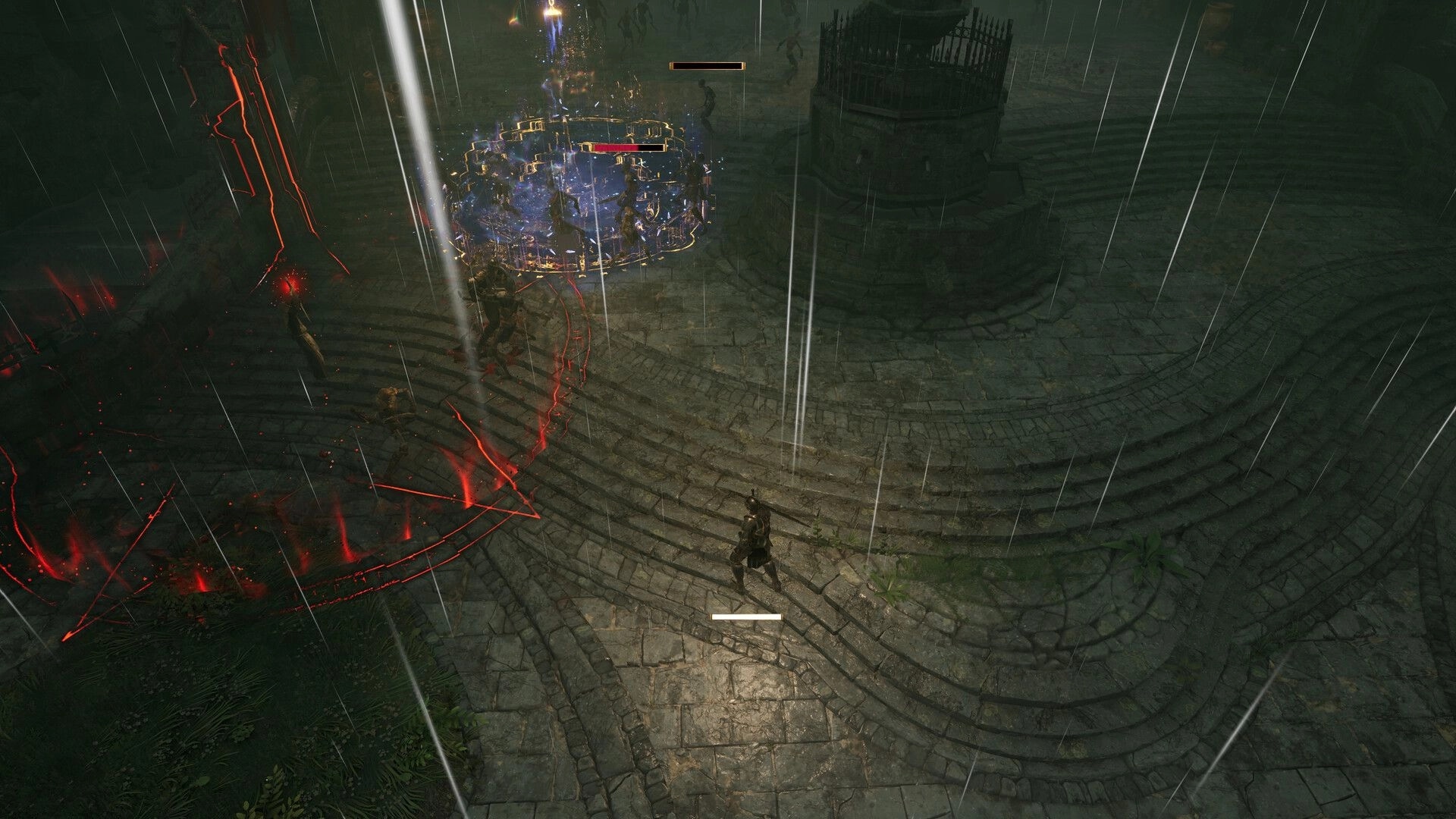 Wardens of Avalon: Overhead battle with glowing spell circle and health bars in a rainy stone courtyard.