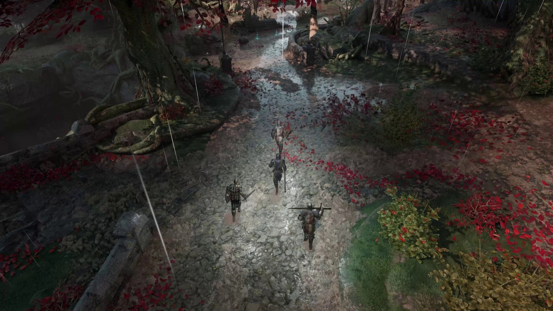 Wardens of Avalon: Three armored knights jog along a rain-soaked forest path strewn with red leaves.