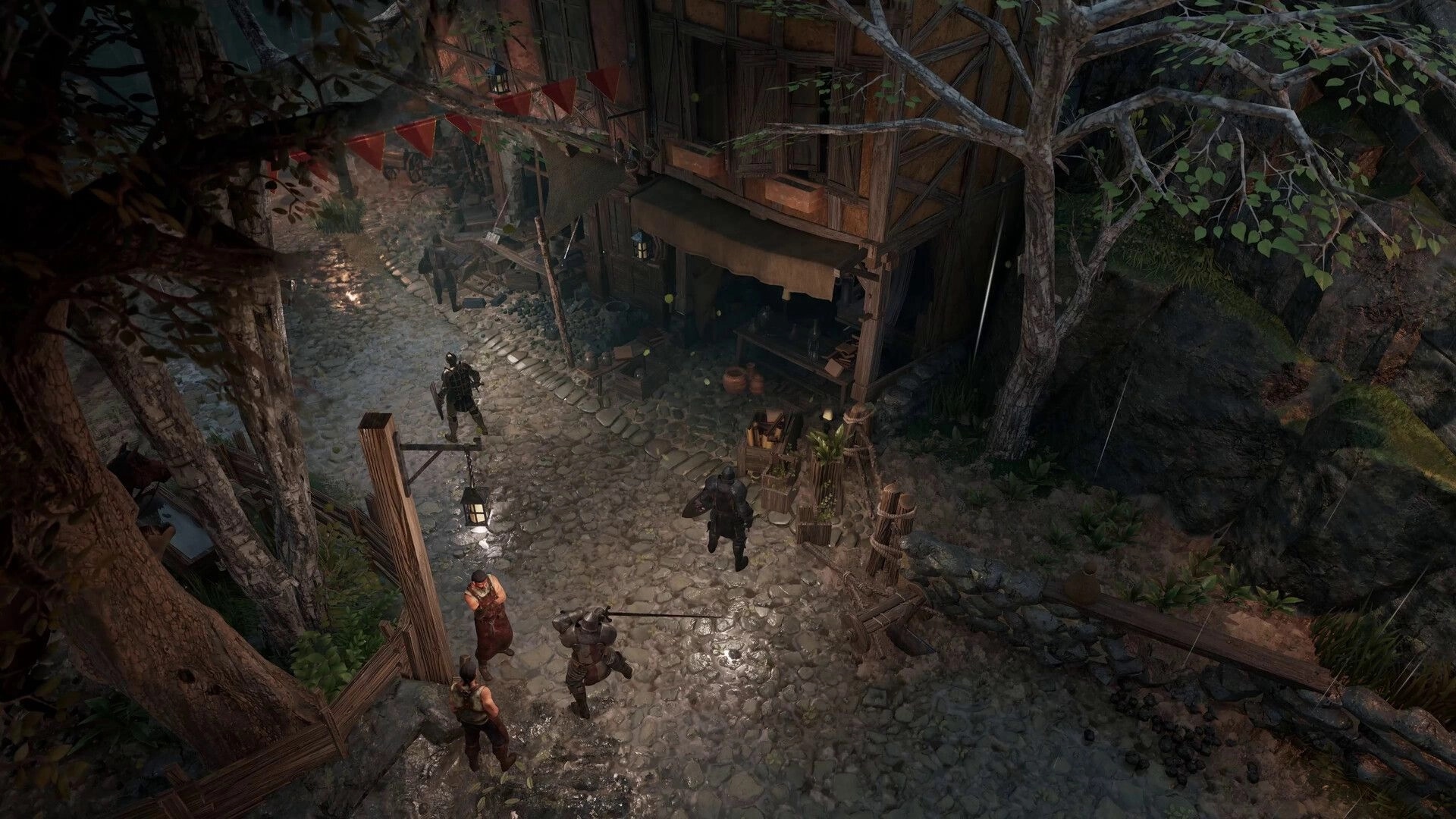 Wardens of Avalon: Armored knight walking past villagers on a rainy cobblestone street by a timber shop.
