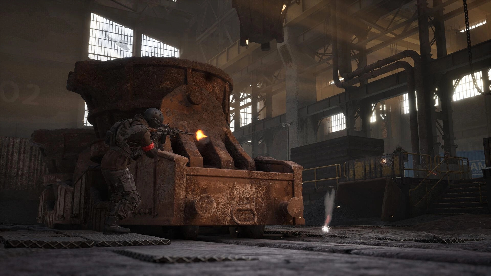WARDOGS: Soldier fires rifle from cover behind rusted machinery in a dim industrial factory hall.