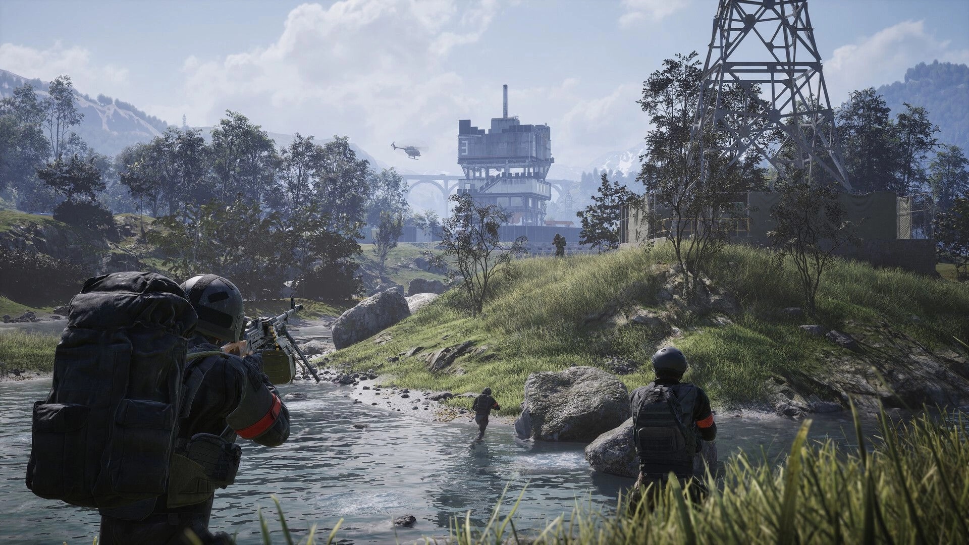 WARDOGS: Squad wades a river with rifles raised toward a distant factory in misty mountains.