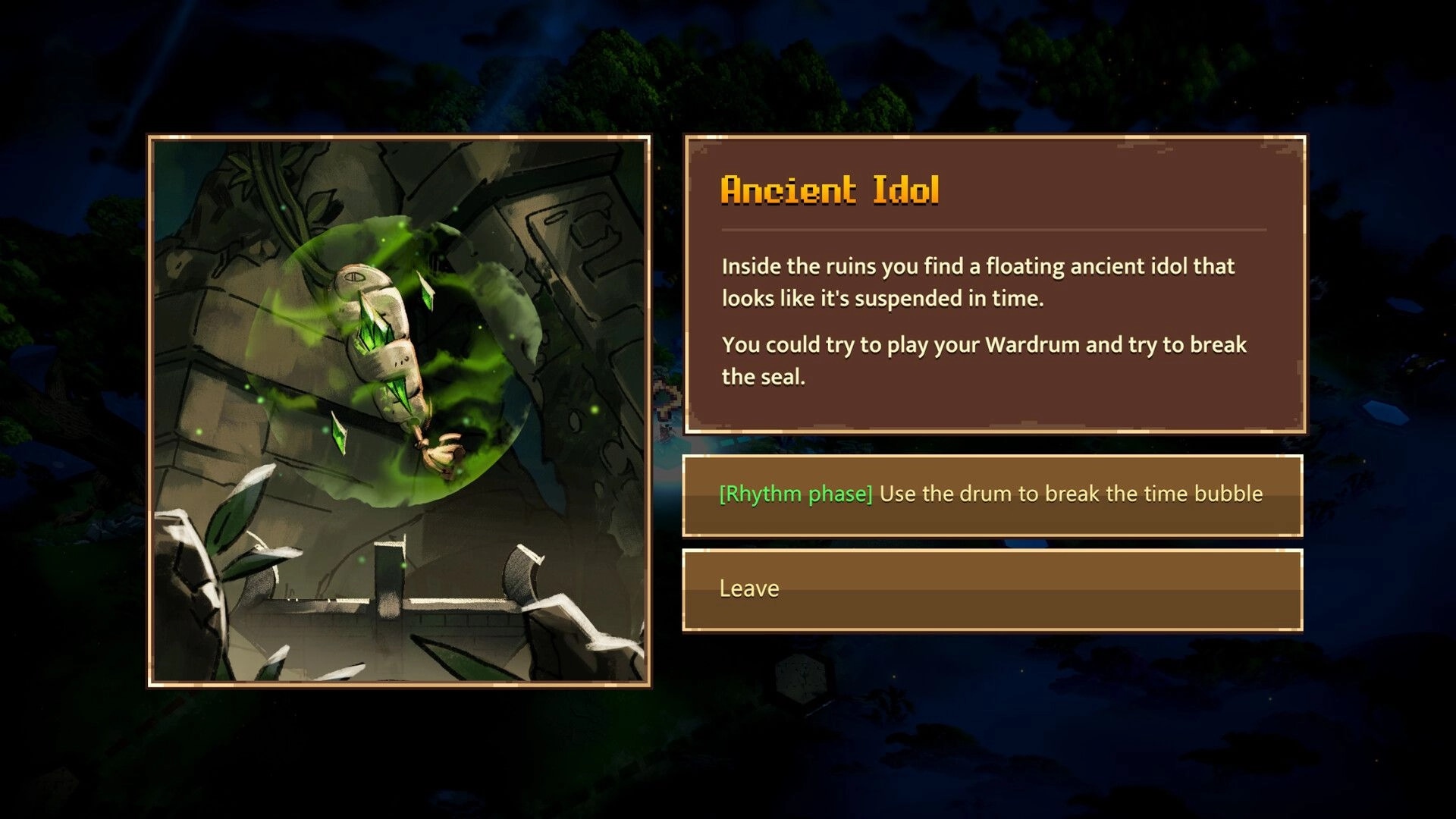 Wardrum: Ancient Idol event dialog with options to use drum or leave in ruined temple scene.