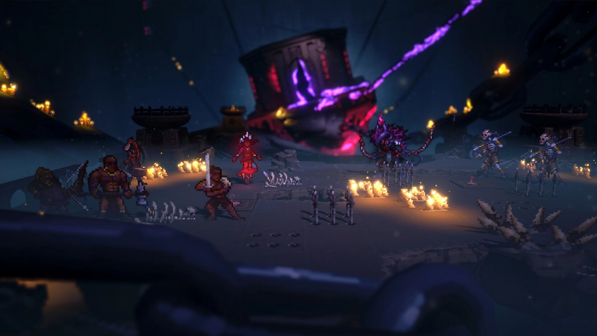 Wardrum: Tribal warriors face a tentacled demon amid candles and bones in a dark ritual chamber.
