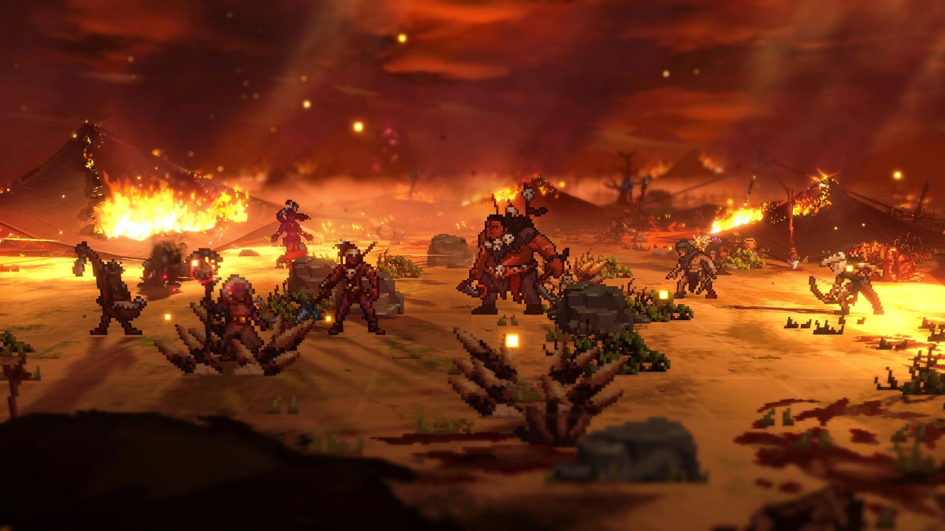 Wardrum: Pixel warriors face a hulking brute amid burning tents and embers on a scorched battlefield.