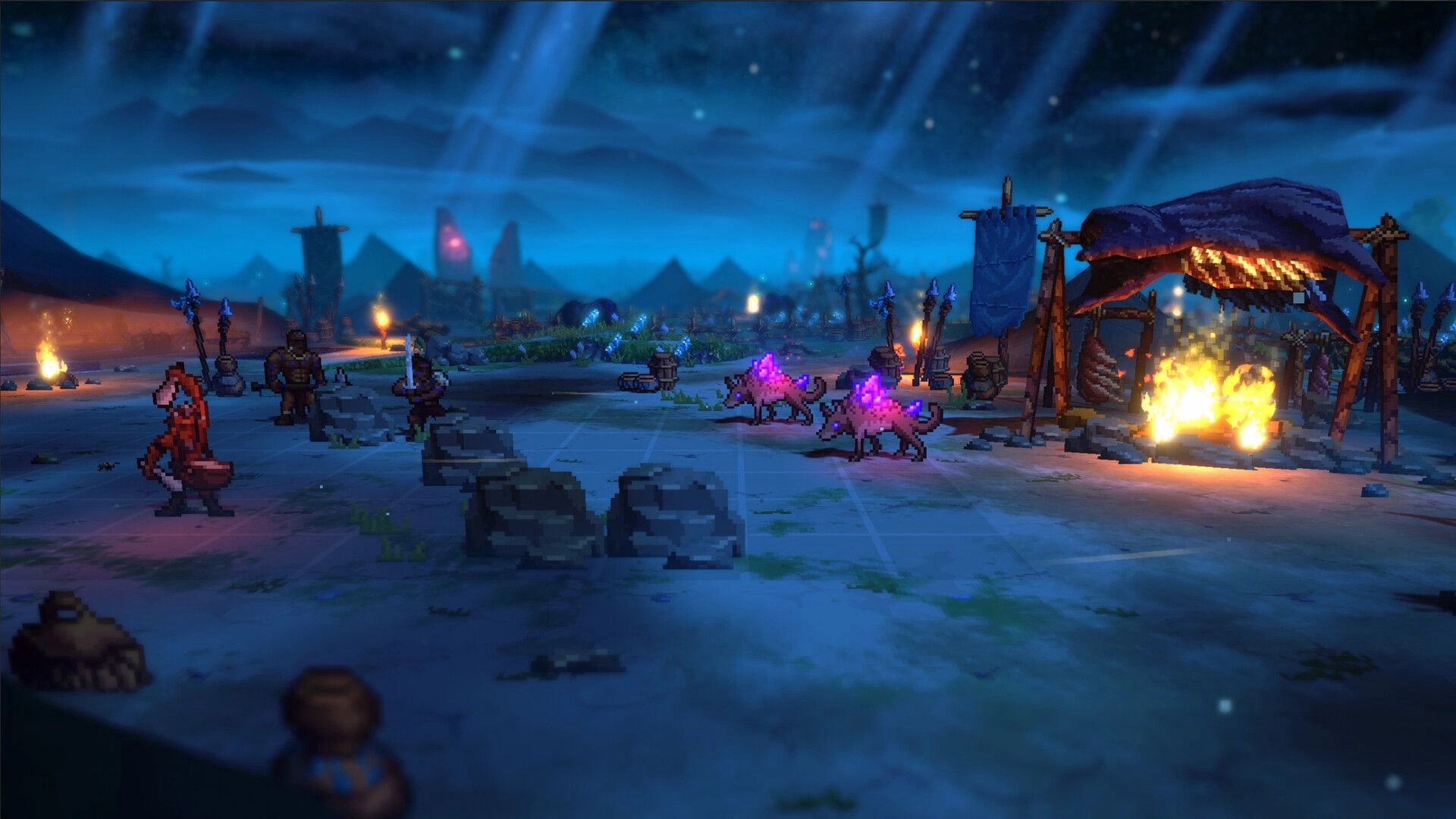 Wardrum: Turn-based battle grid with warriors facing glowing beasts beside a torchlit camp at night.
