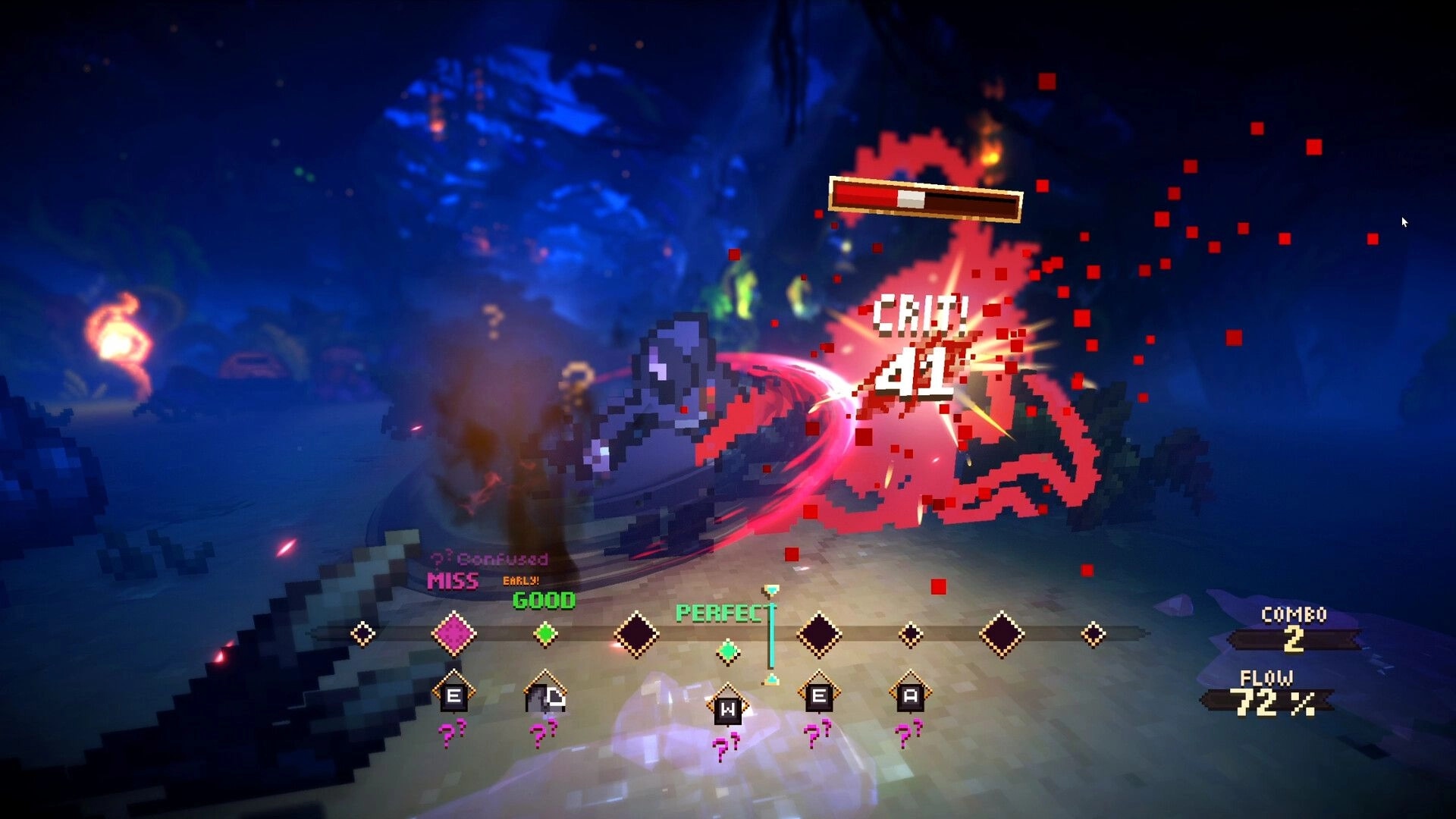 Wardrum: Warrior slashes enemy for 41 crit as rhythm timing bar and combo UI overlay dark cave battle.