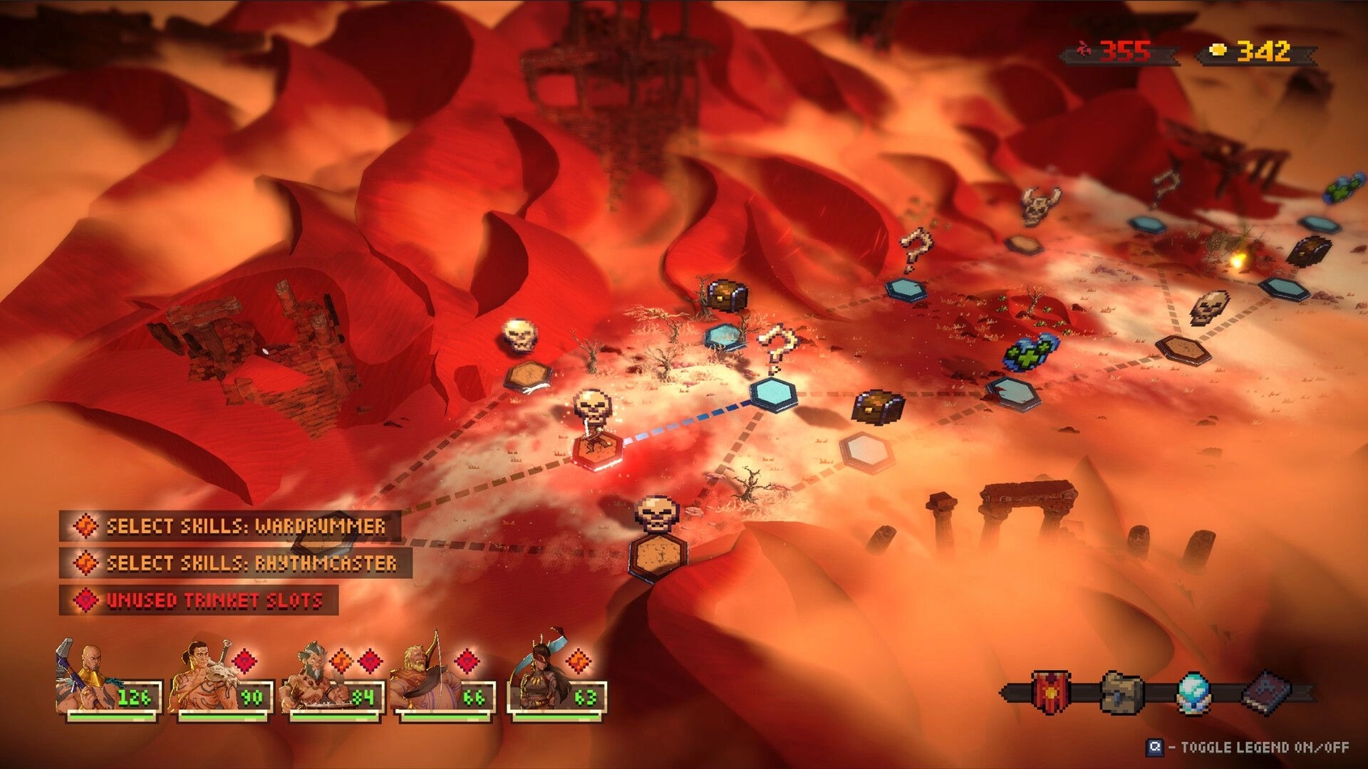 Wardrum: Overworld path map with skull nodes and chests, skill prompts over red desert ruins.