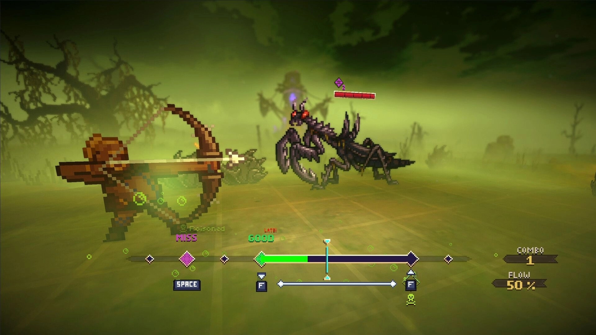 Wardrum: Archer fires at a mantis-like monster with beat timing bar UI in a foggy swamp grid.